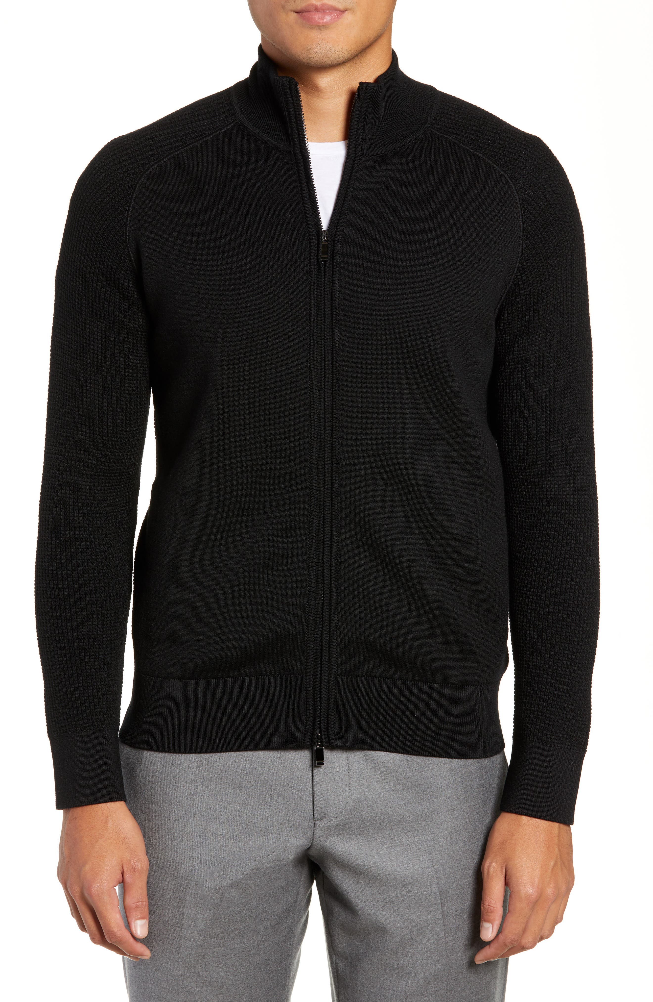 Z Zegna Trim Fit Wool Zip Cardigan, Black