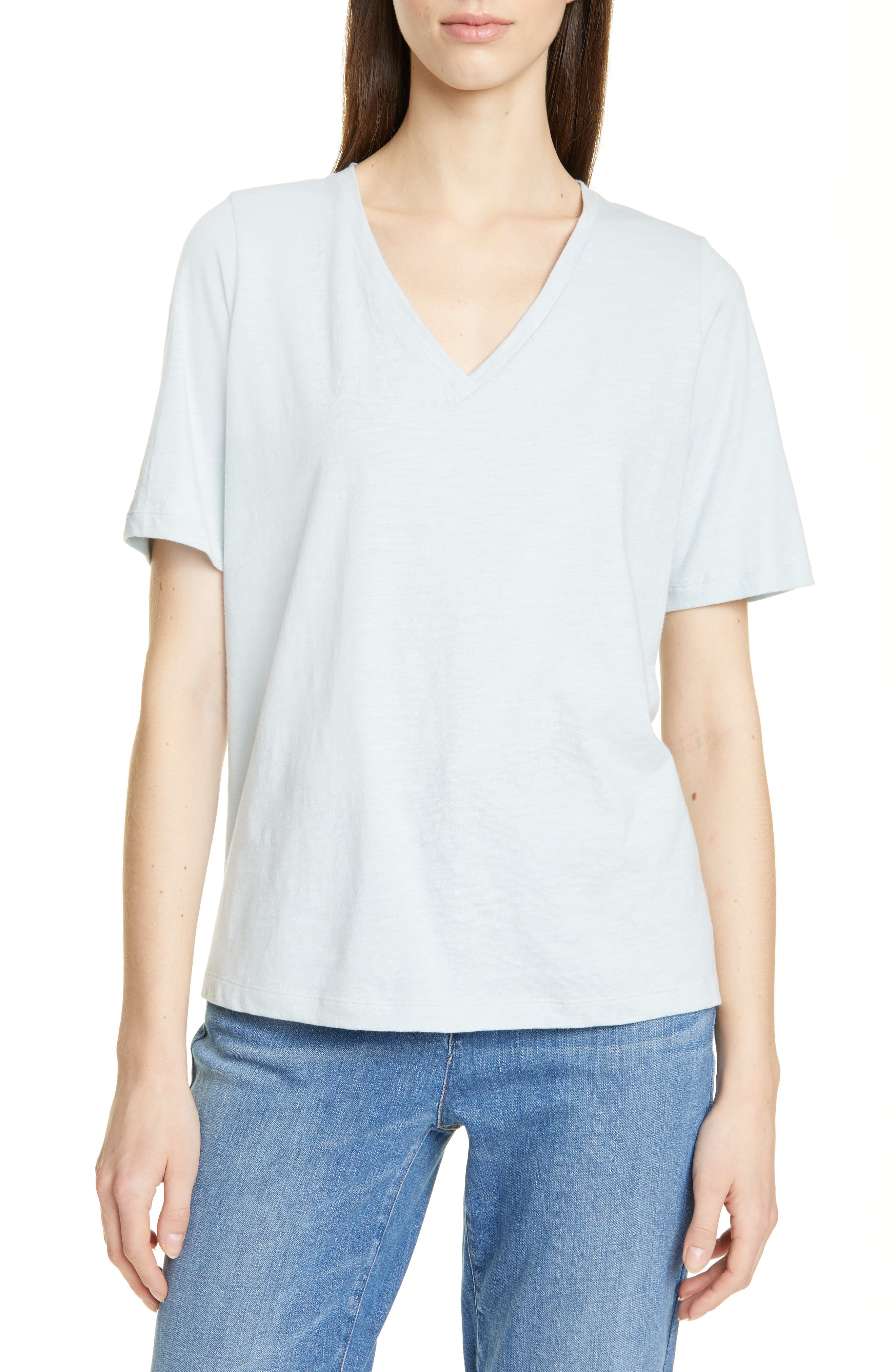 Eileen Fisher V-Neck Organic Cotton Tee, Blue