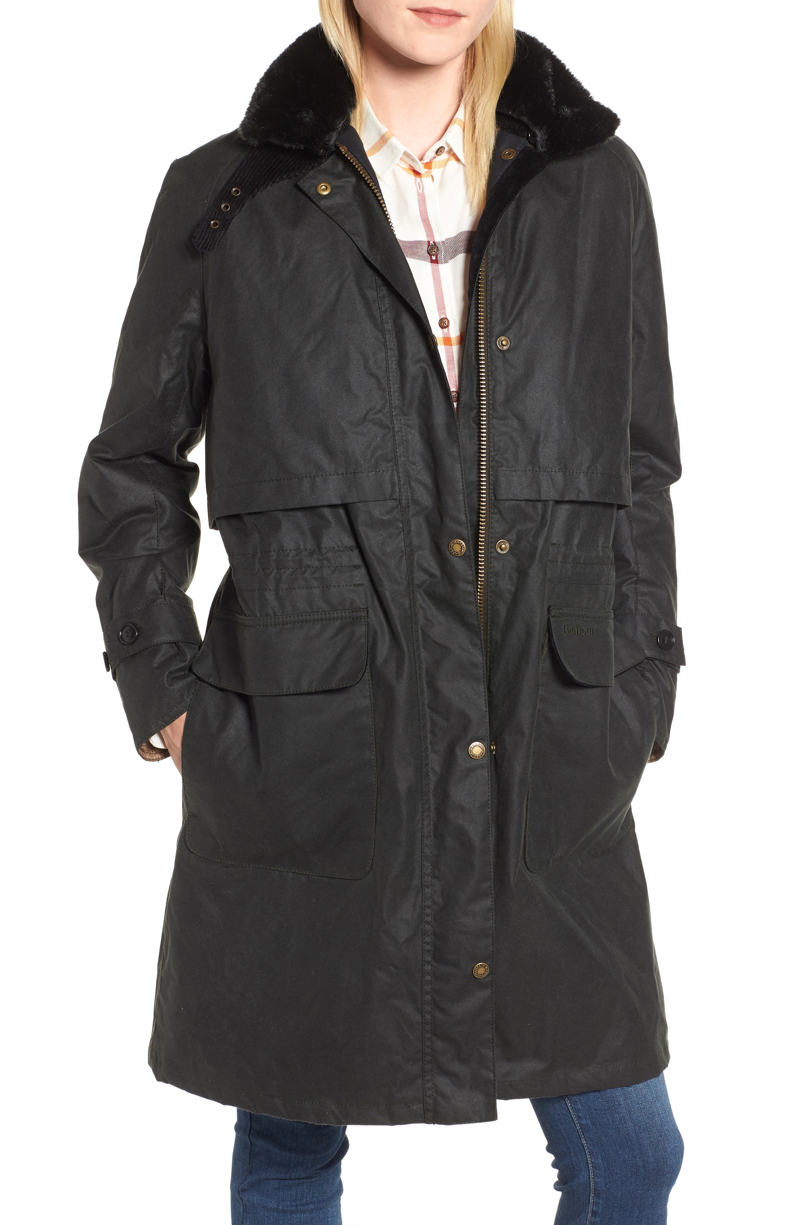 Barbour Floree Waxed Cotton Canvas Jacket With Faux Fur Collar, US / 16 UK - Green
