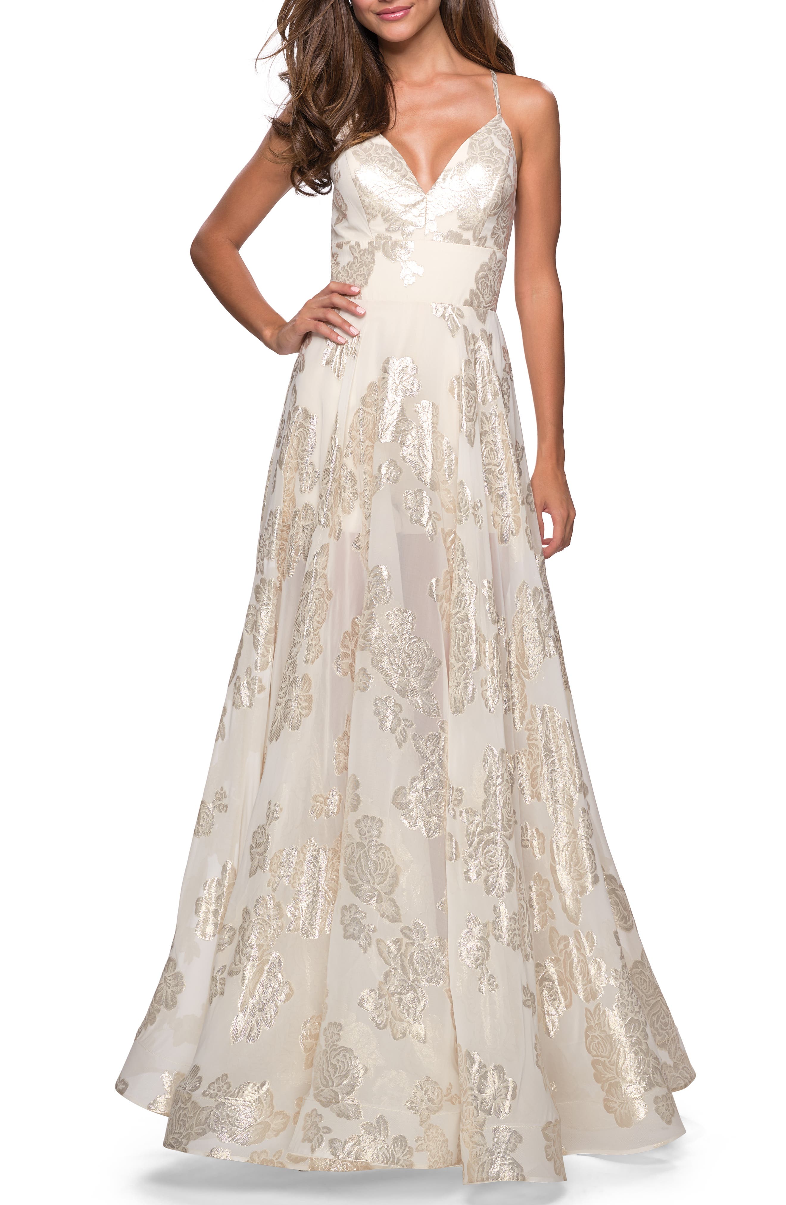 La Femme Floral Chiffon Jacquard Evening Dress, Ivory