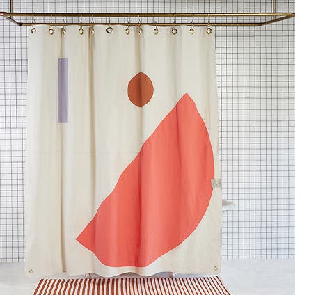 A colorful canvas shower curtain.