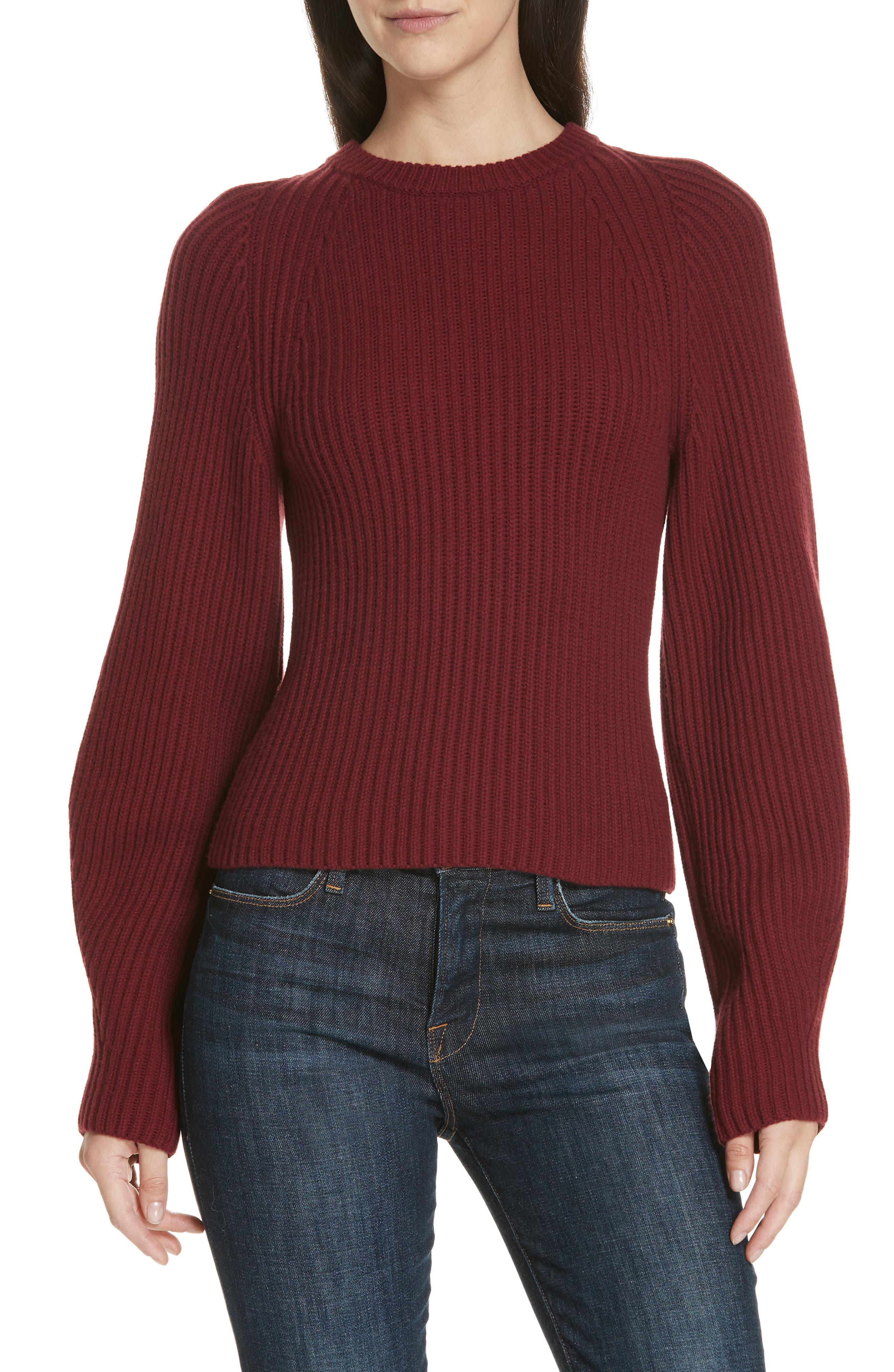 Theory Sculpted Sleeve Shaker Stitch Merino Wool Sweater, Burgundy