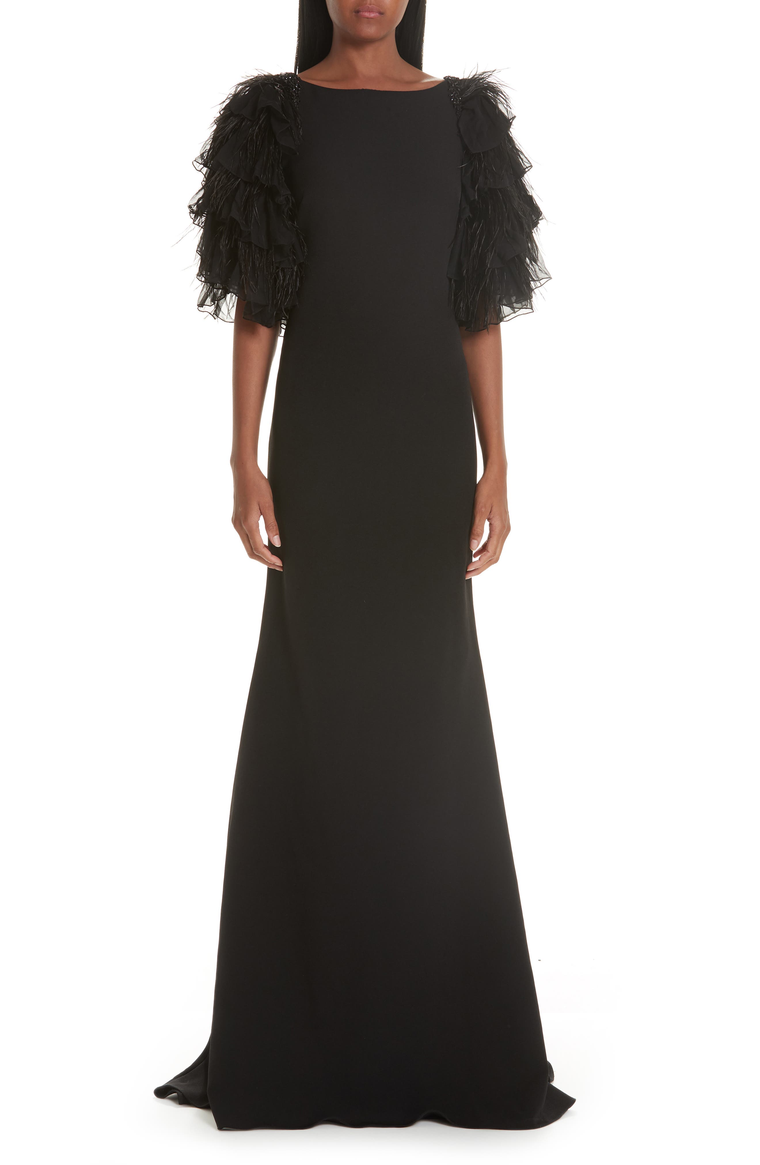 Badgley Mischka Collection Tiered Feather Evening Dress, Black