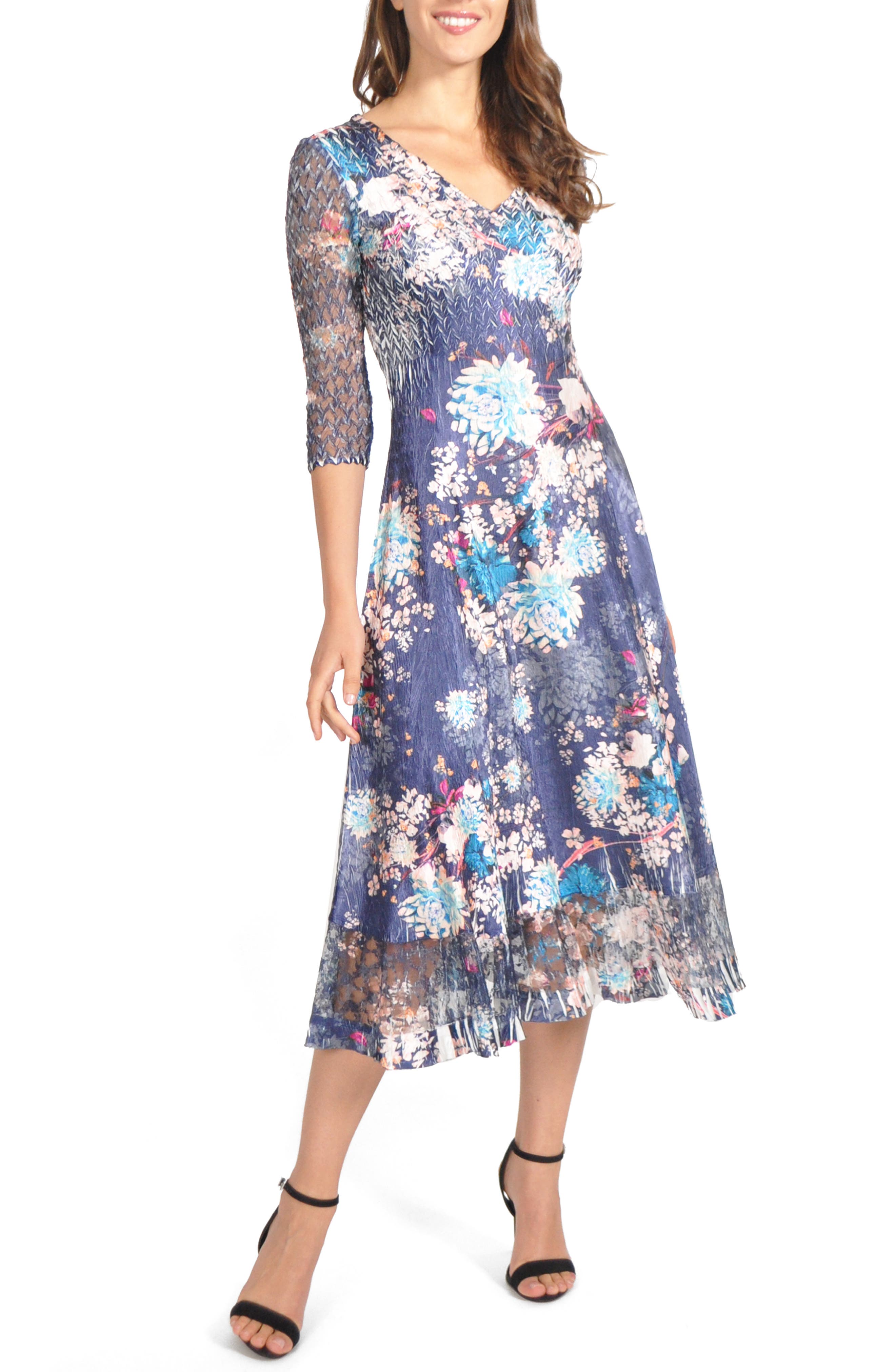 Petite Komarov Charmeuse & Chiffon Midi Dress, Blue