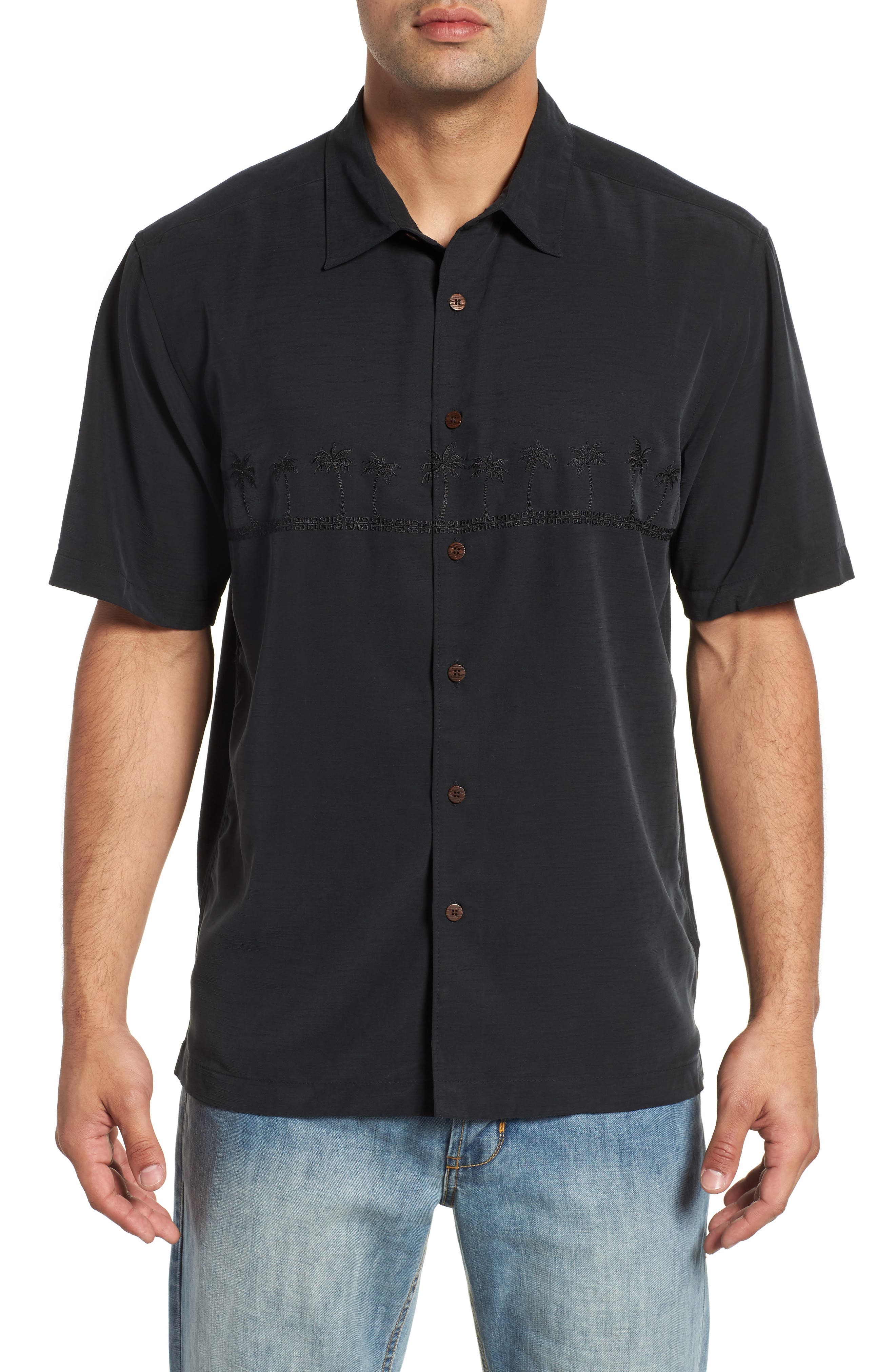 Quiksilver Waterman Collection Tahiti Palms Regular Fit Sport Shirt, Black