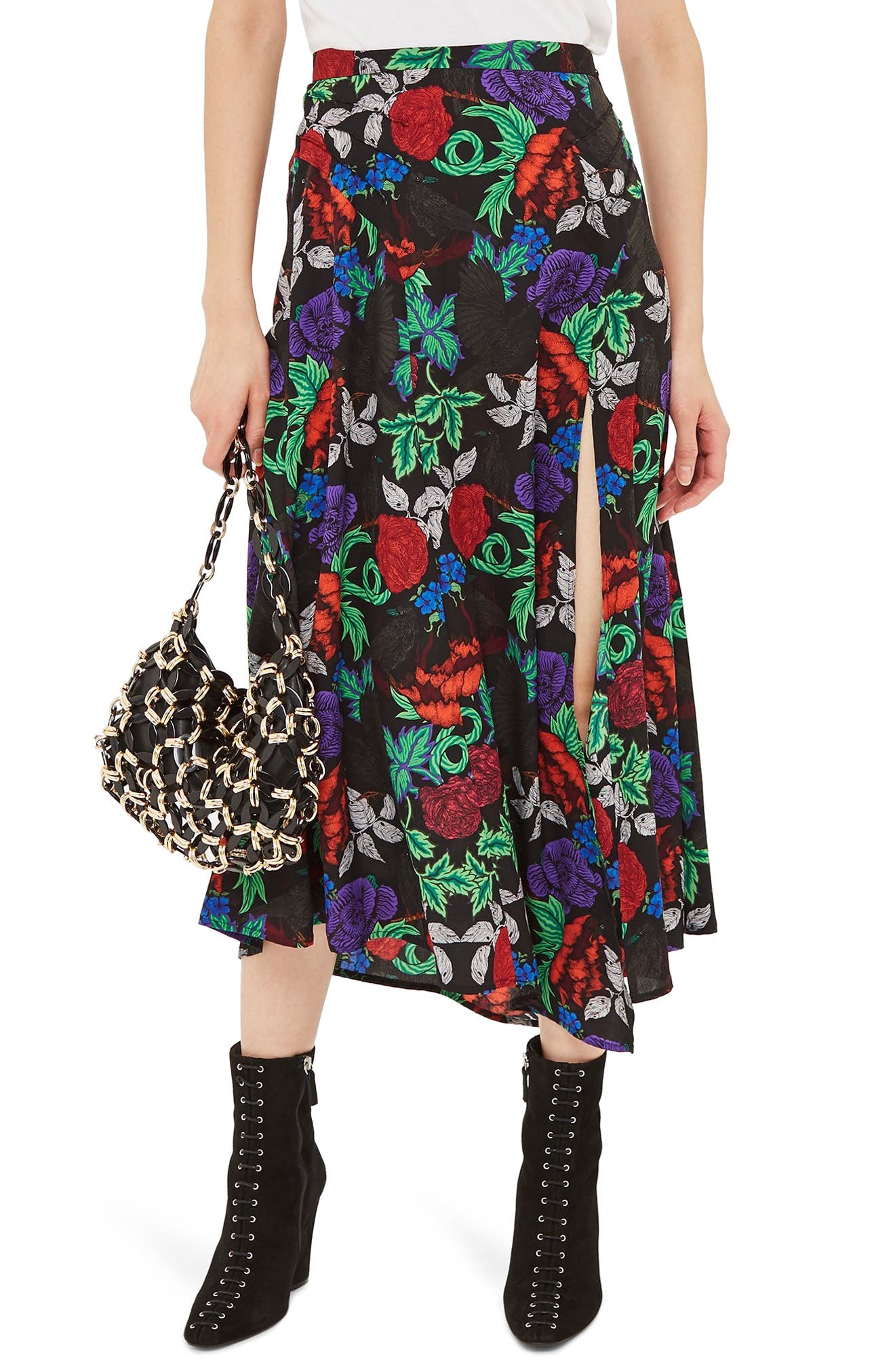 Topshop Raven Floral Midi Skirt, US (fits like 0) - Black