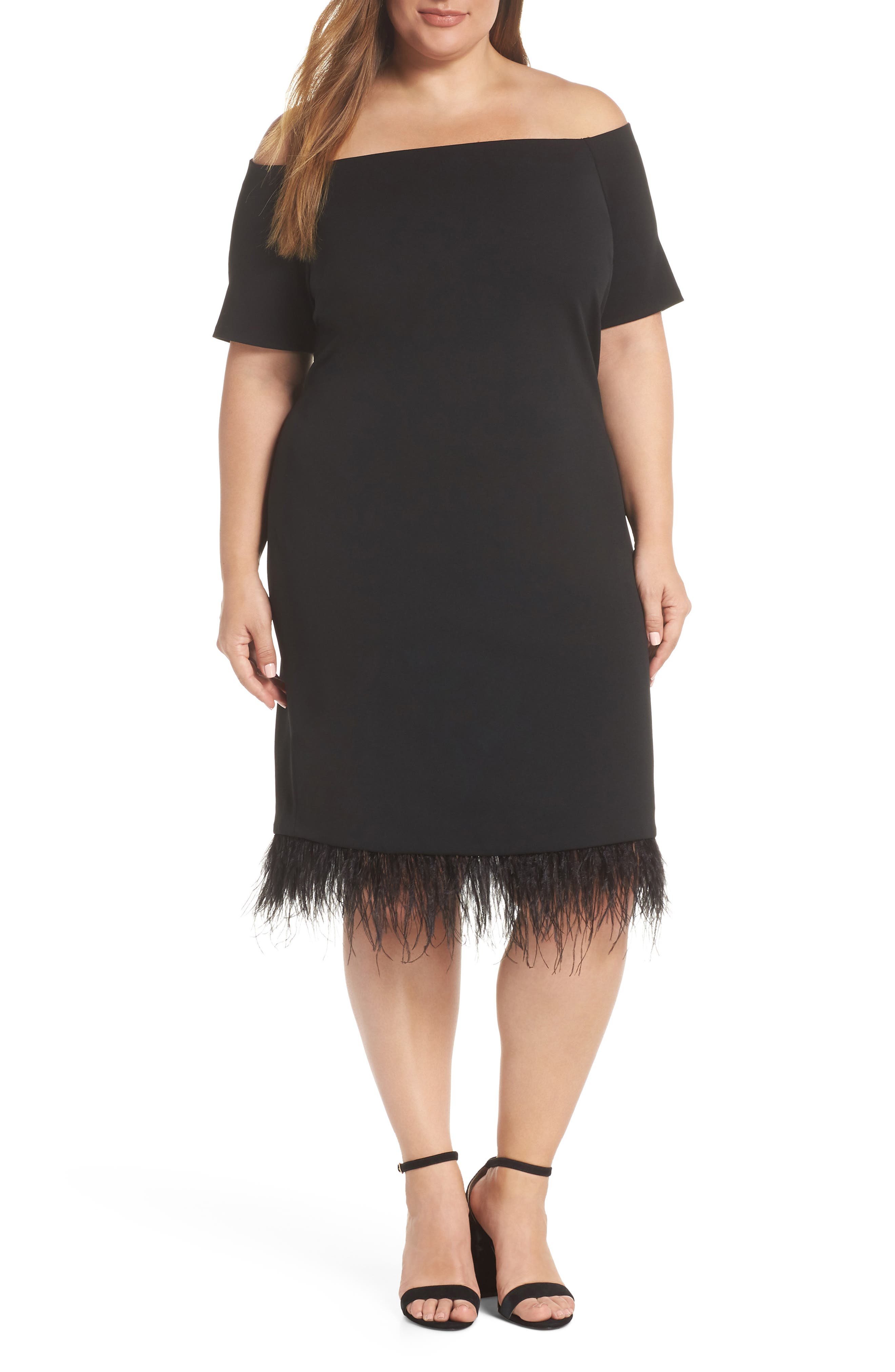 Plus Size Vince Camuto Feather Trim Sheath Dress, Black