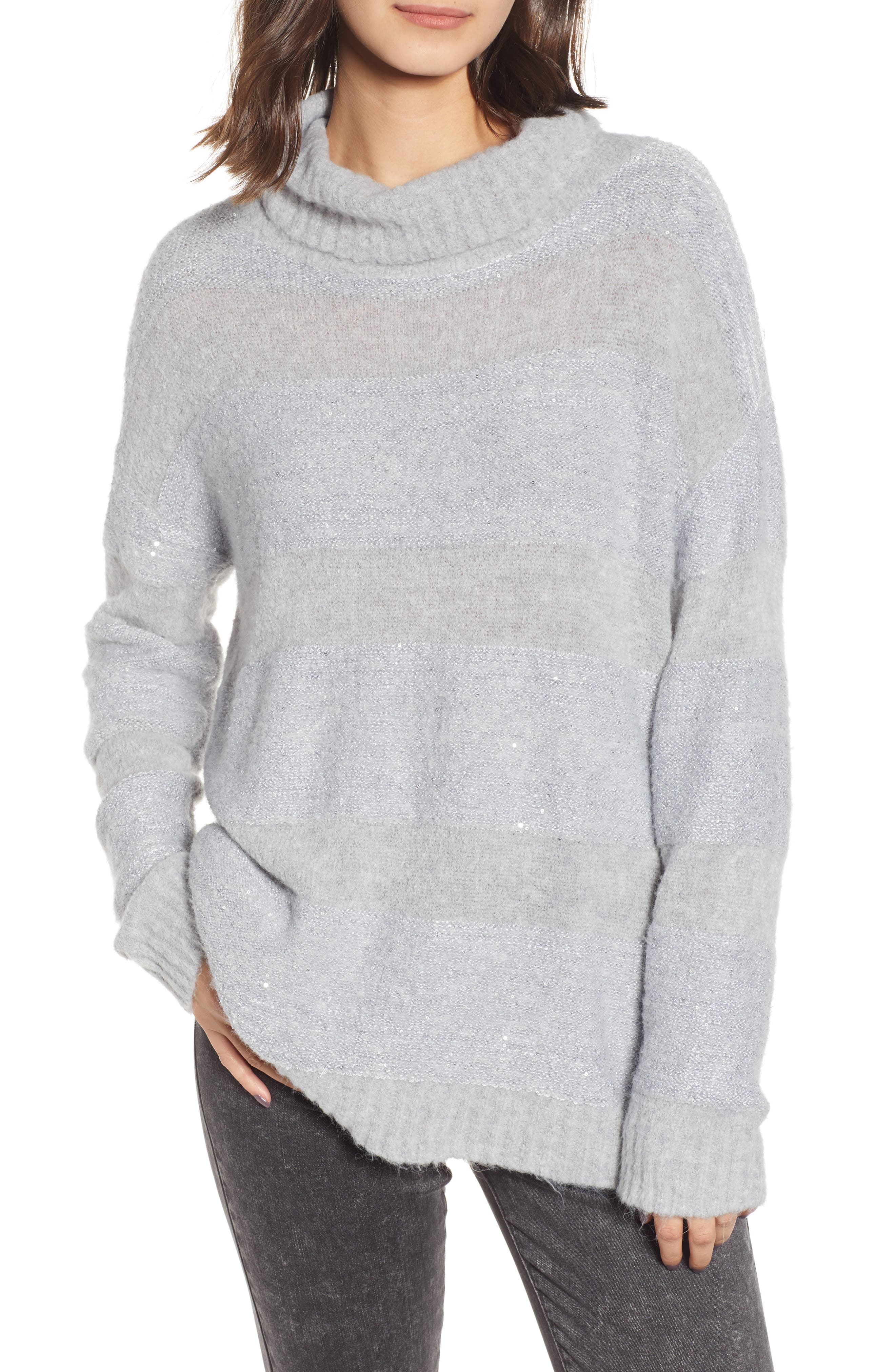Chelsea28 Sequin Stripe Cowl Neck Sweater, Grey