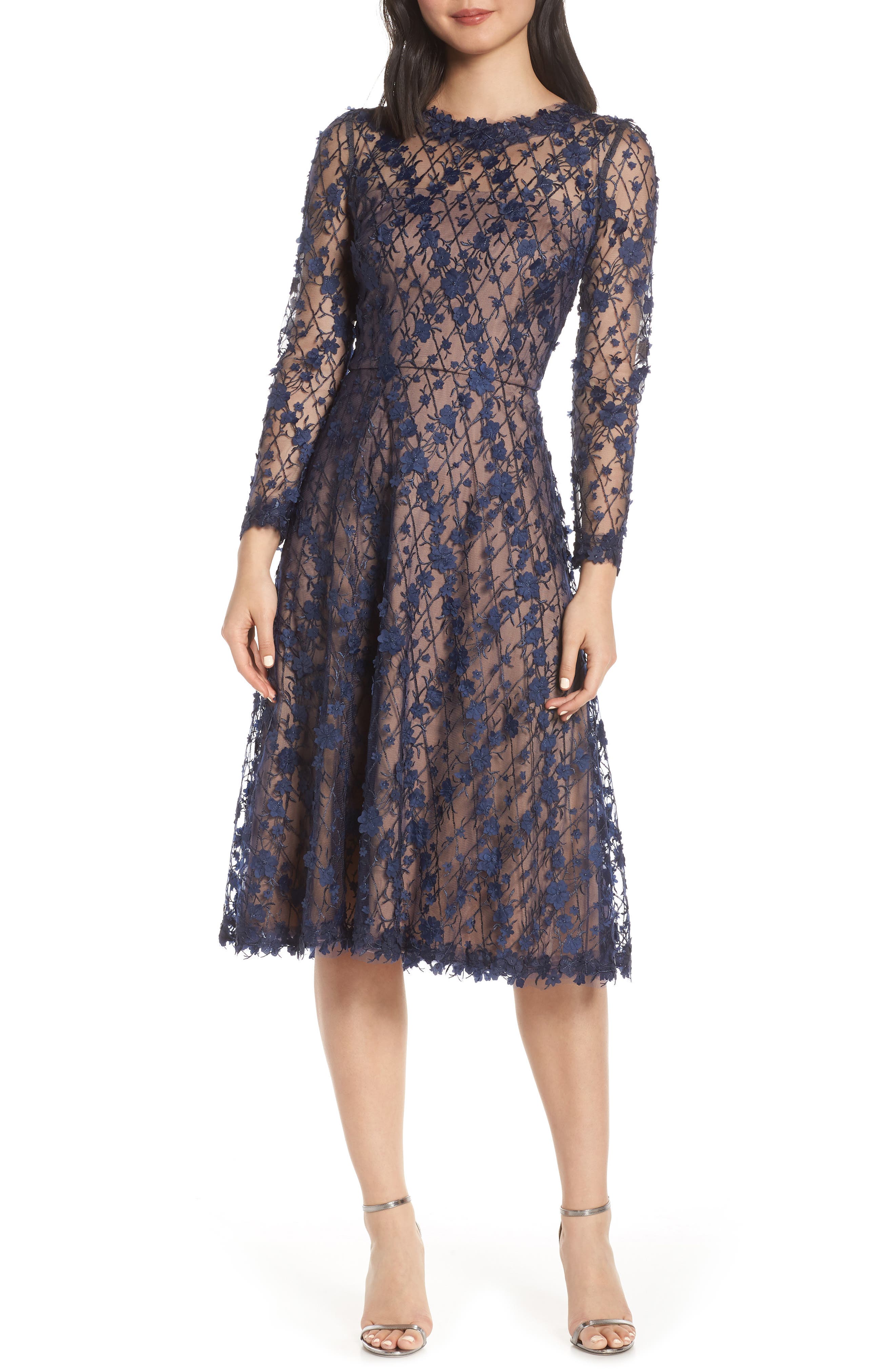 Tadashi Shoji 3D Flowers Lace Dress, Blue