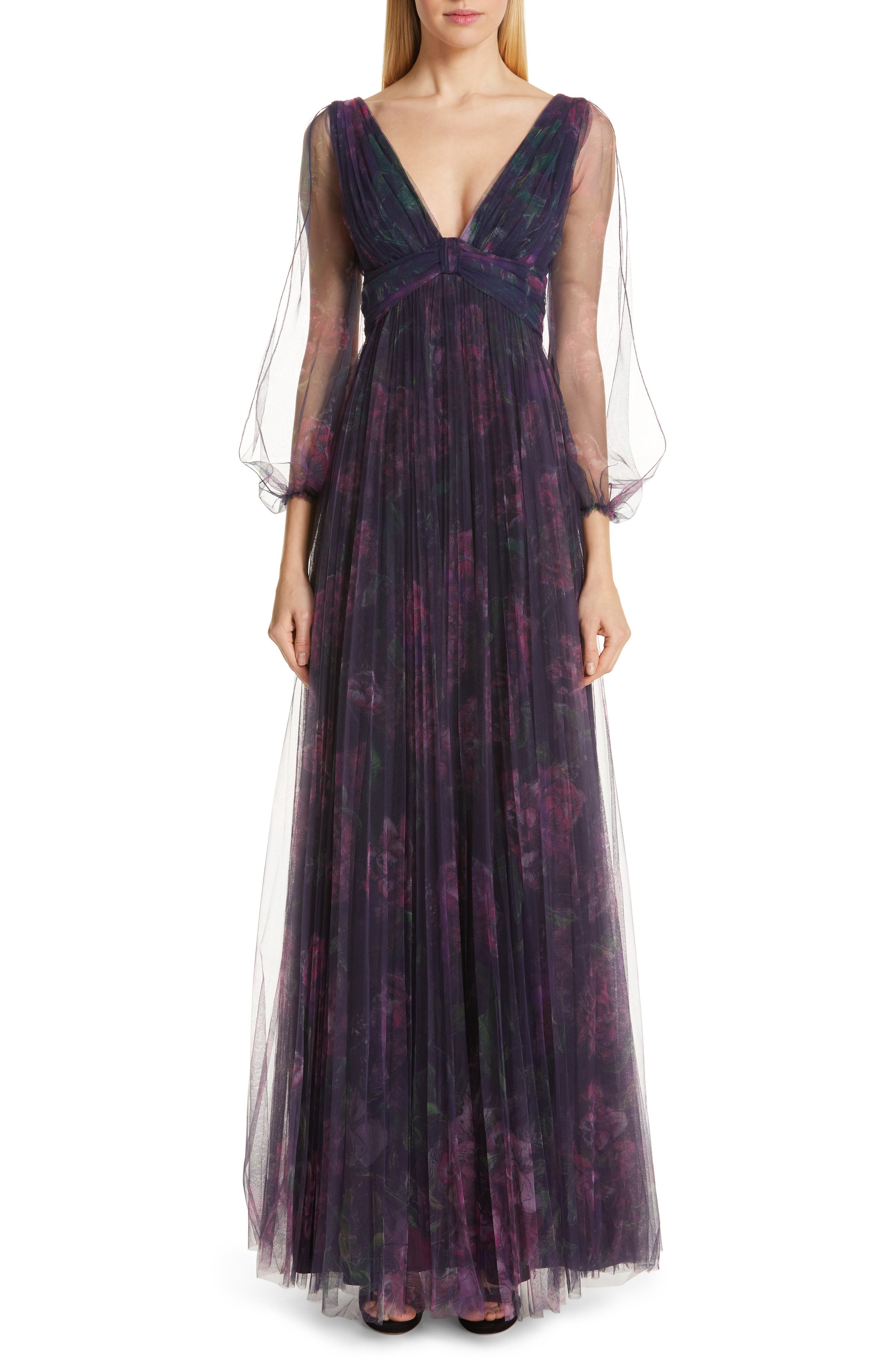 Marchesa Notte Floral Tulle Evening Dress, Blue