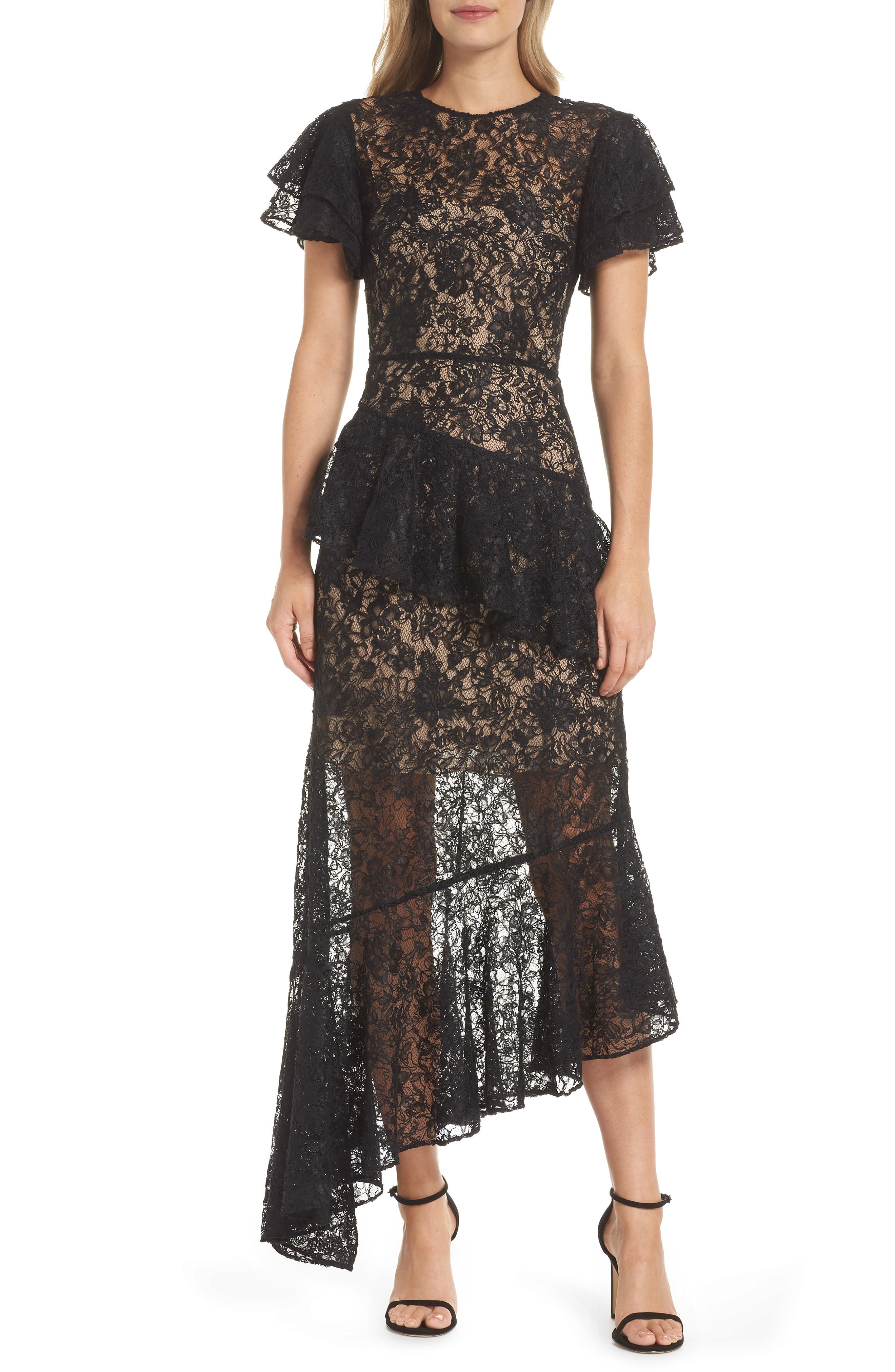 Ml Monique Lhuillier Lace & Ruffle Asymmetric Hem Gown, Black