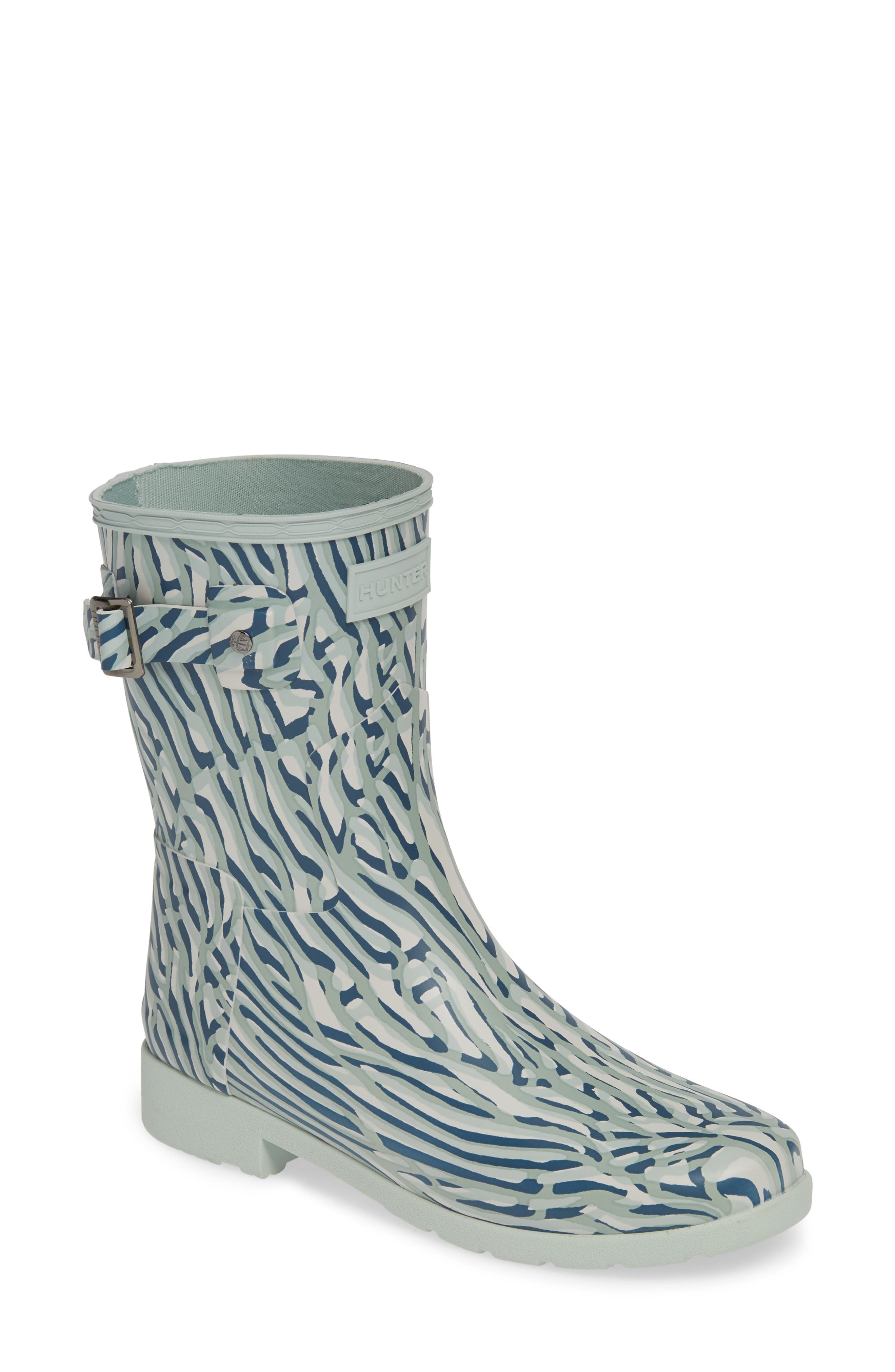 Hunter Original Coral Print Refined Short Waterproof Rain Boot, Blue