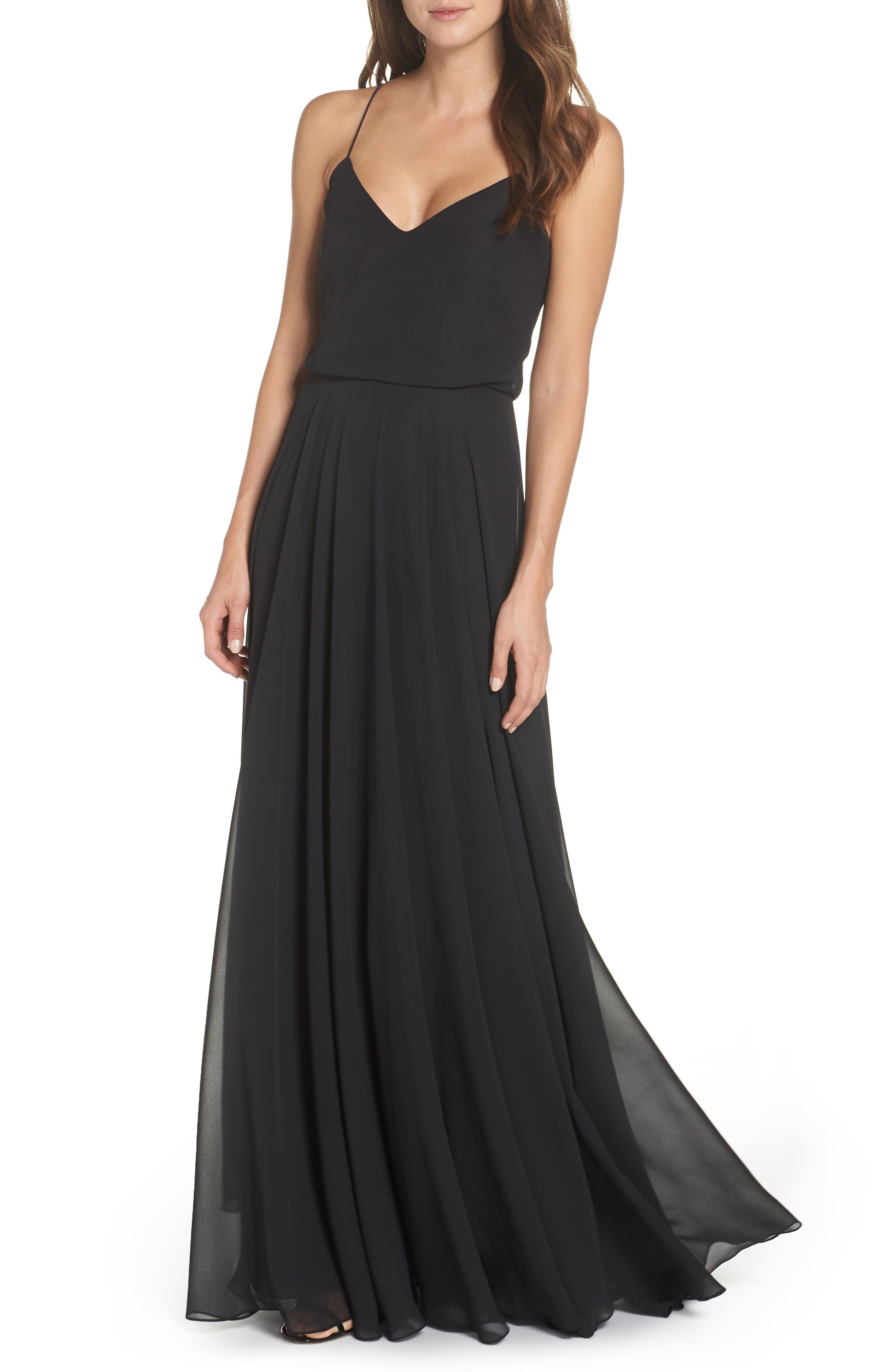 Jenny Yoo Inesse Chiffon V-Neck Spaghetti Strap Gown