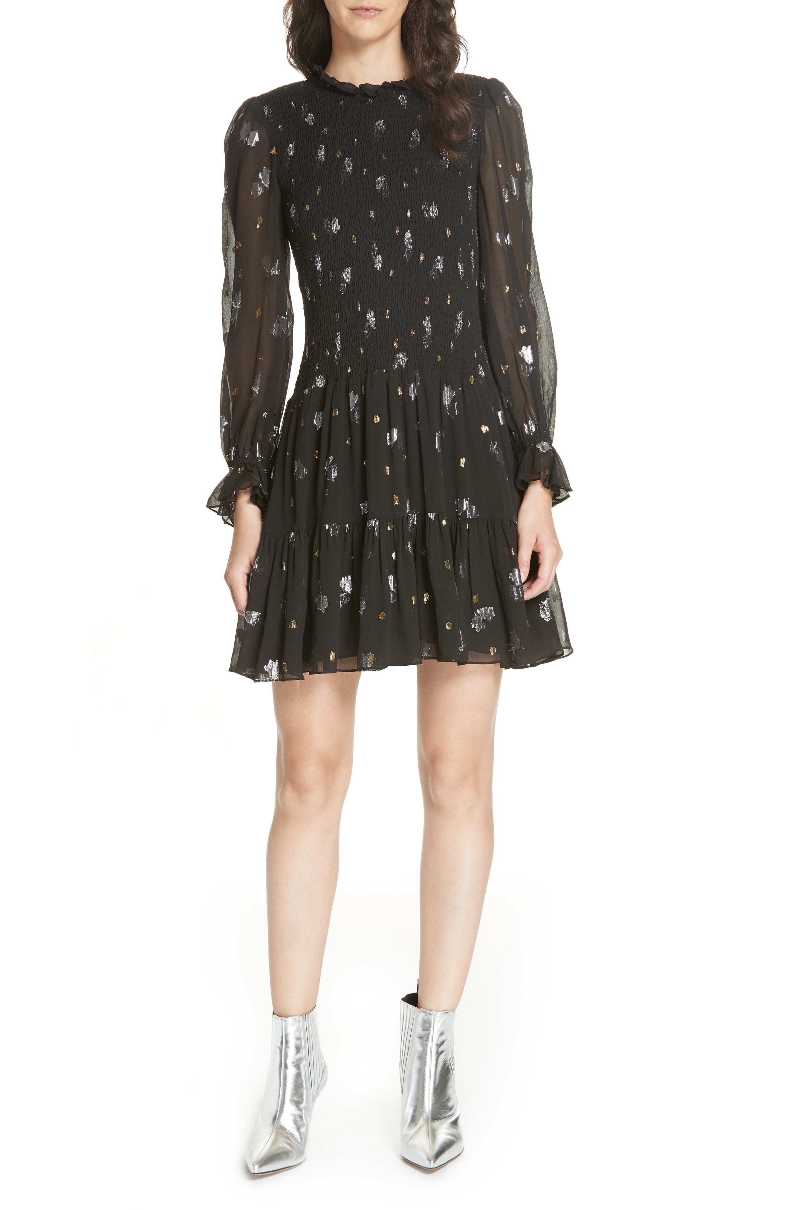 Rebecca Taylor Scattered Metallic Tulip Silk Blend Dress, Black