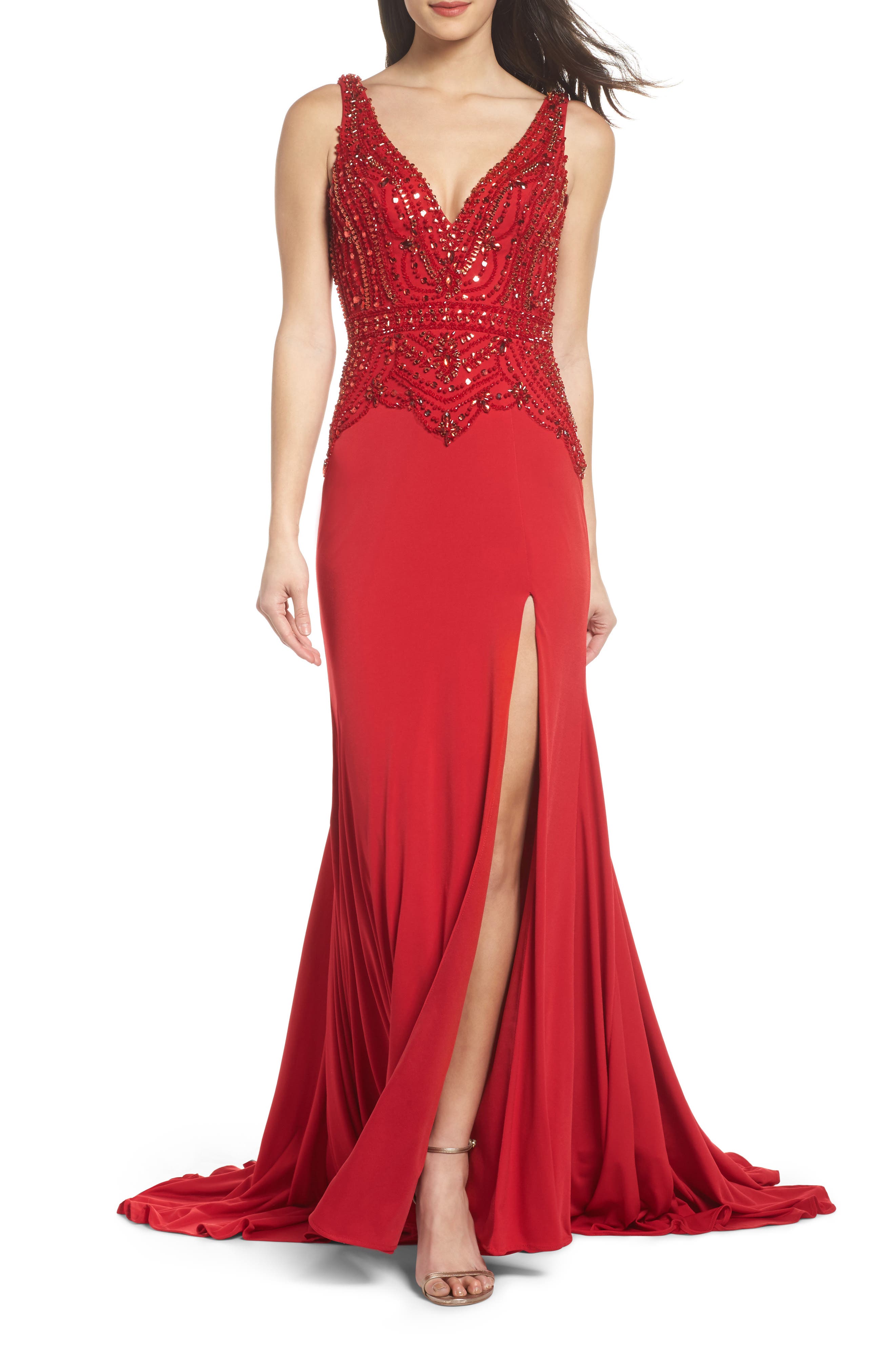 MAC Duggal Beaded Bodice Sheath Gown, Red