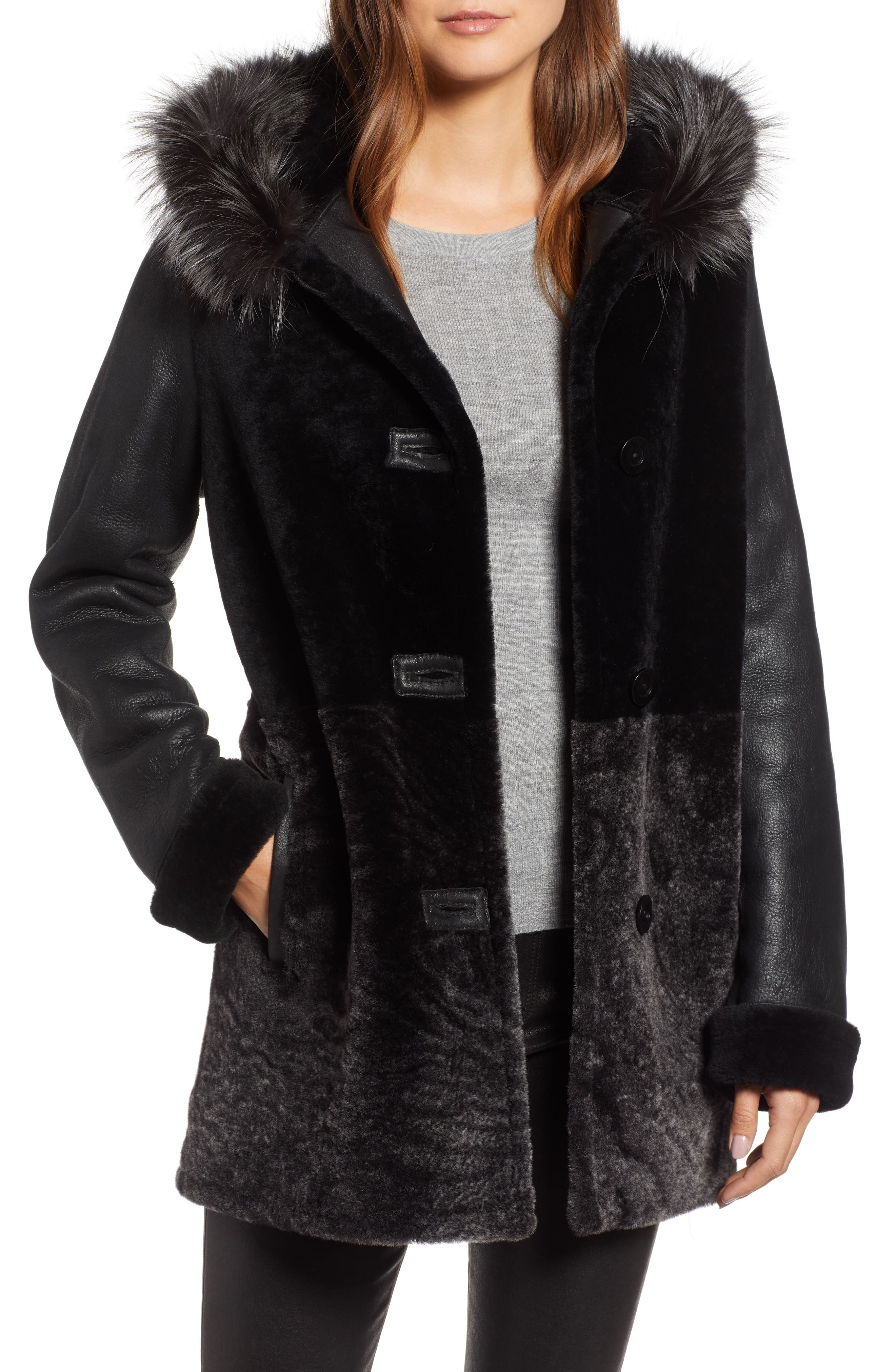 Blue Duck Genuine Shearling Coat With Genuine Fox Fur Trim, Black