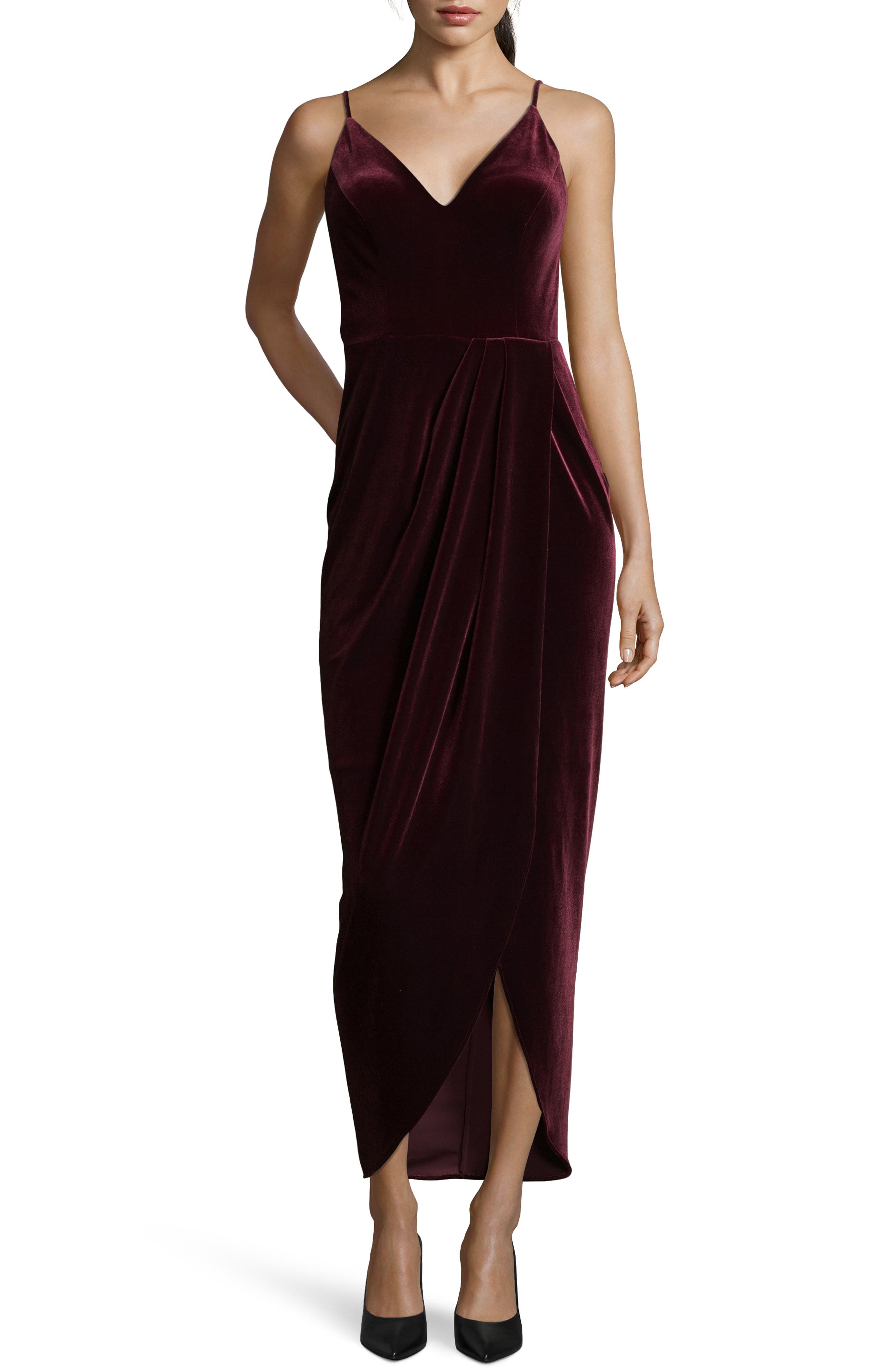 Xscape Velvet Tulip Hem Gown, Burgundy