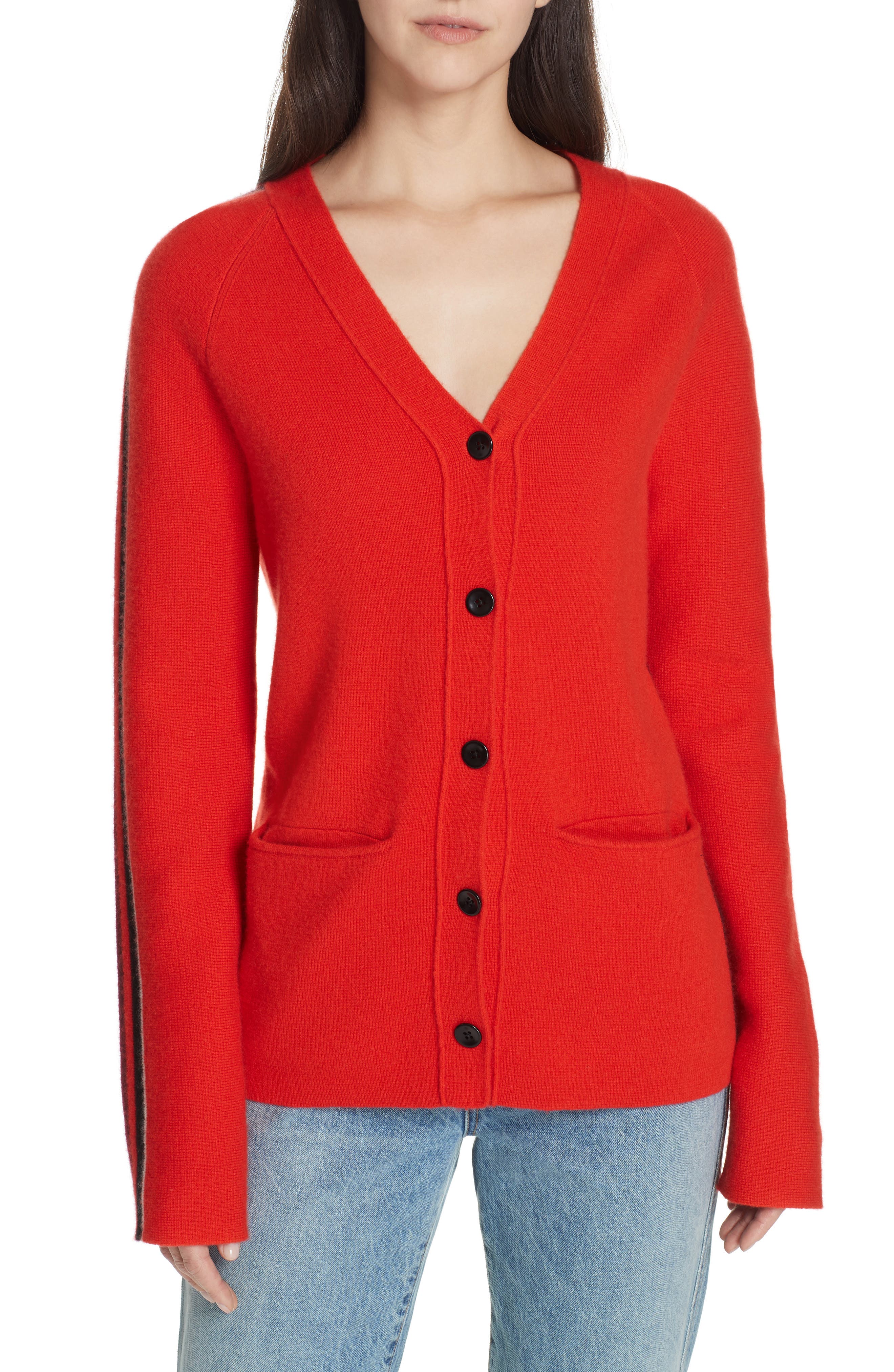 Proenza Schouler Pswl Stripe Sleeve Merino Wool & Cashmere Cardigan, Red