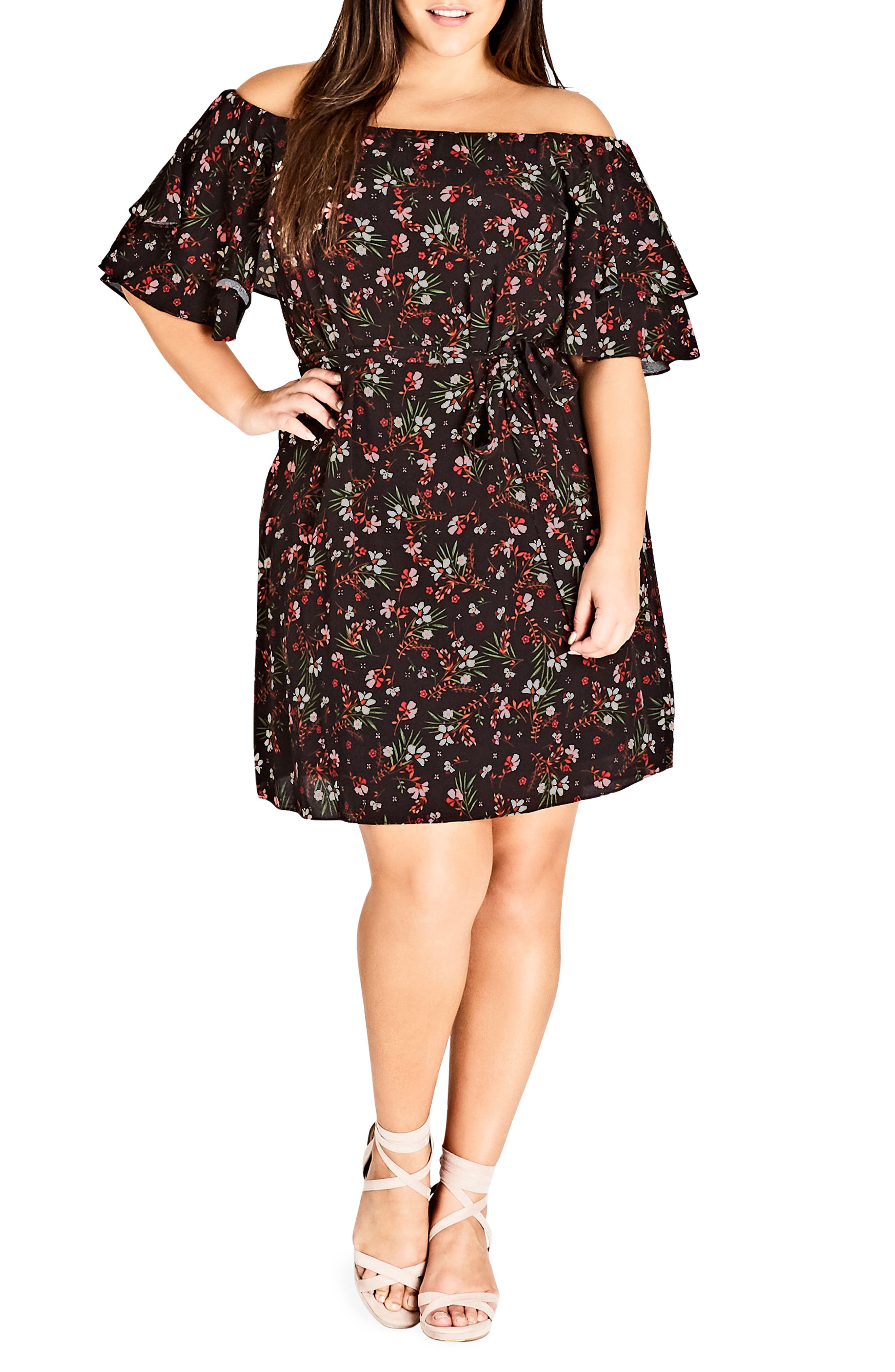 Plus Size City Chic Fresh Floral Off The Shoulder Dress, Red