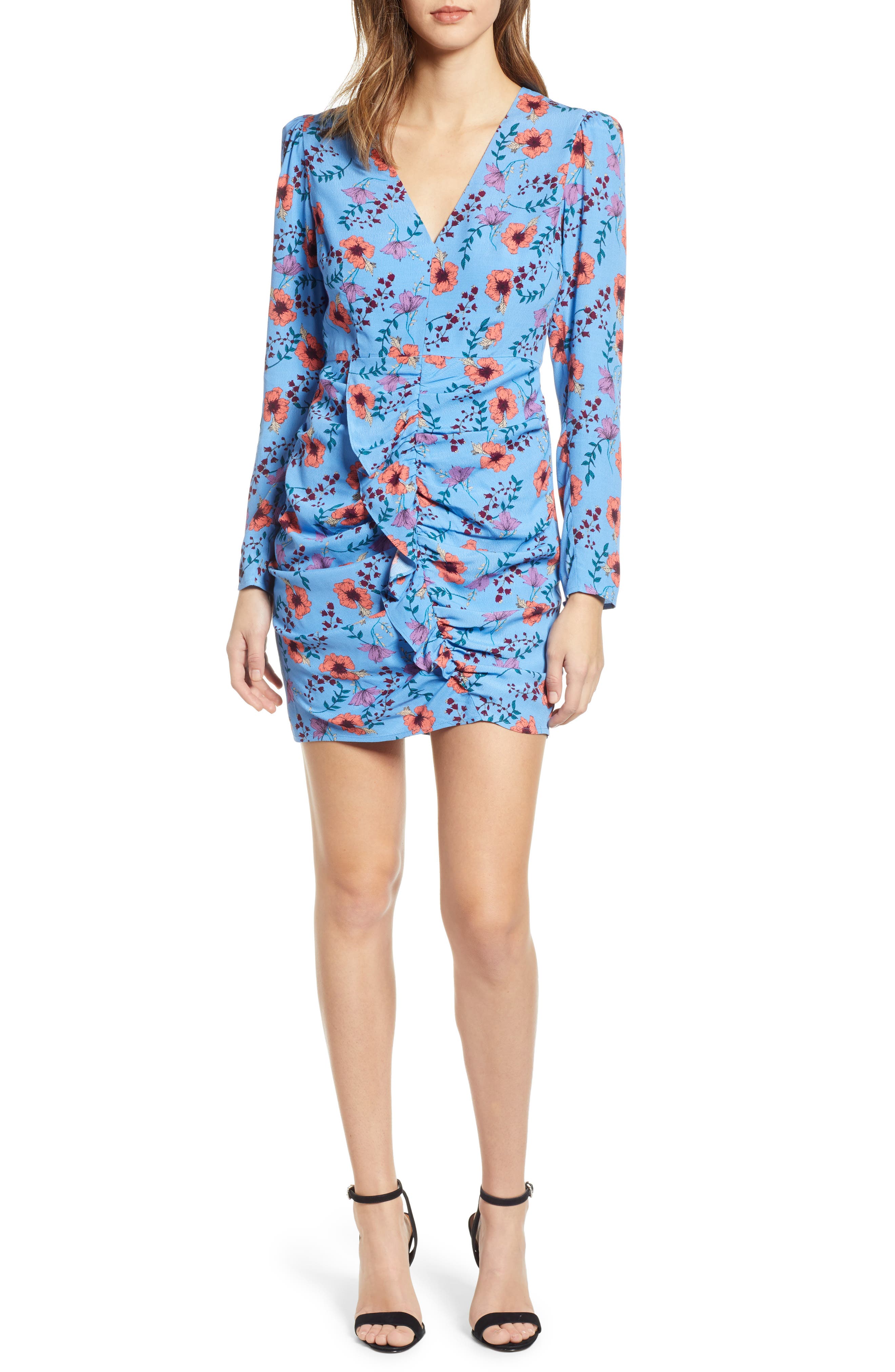 Astr The Label Floral Print Ruched Dress, Blue