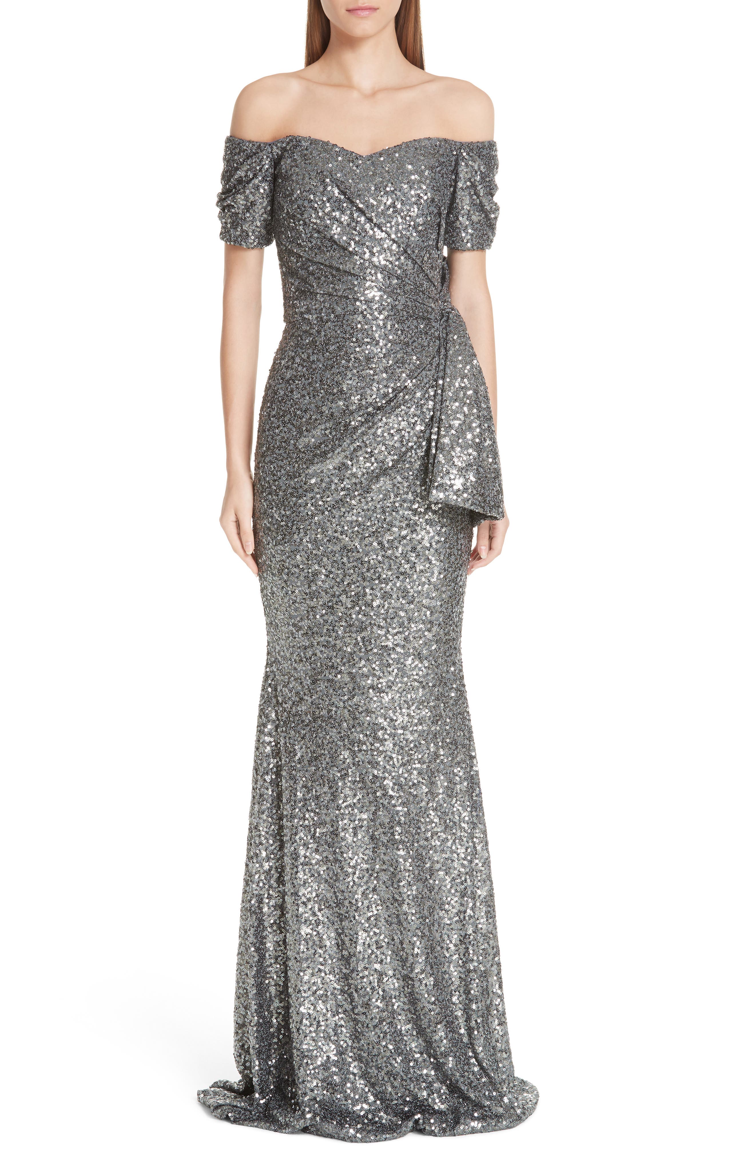 Badgley Mischka Collection Bow Detail Sequin Off The Shoulder Gown, Metallic