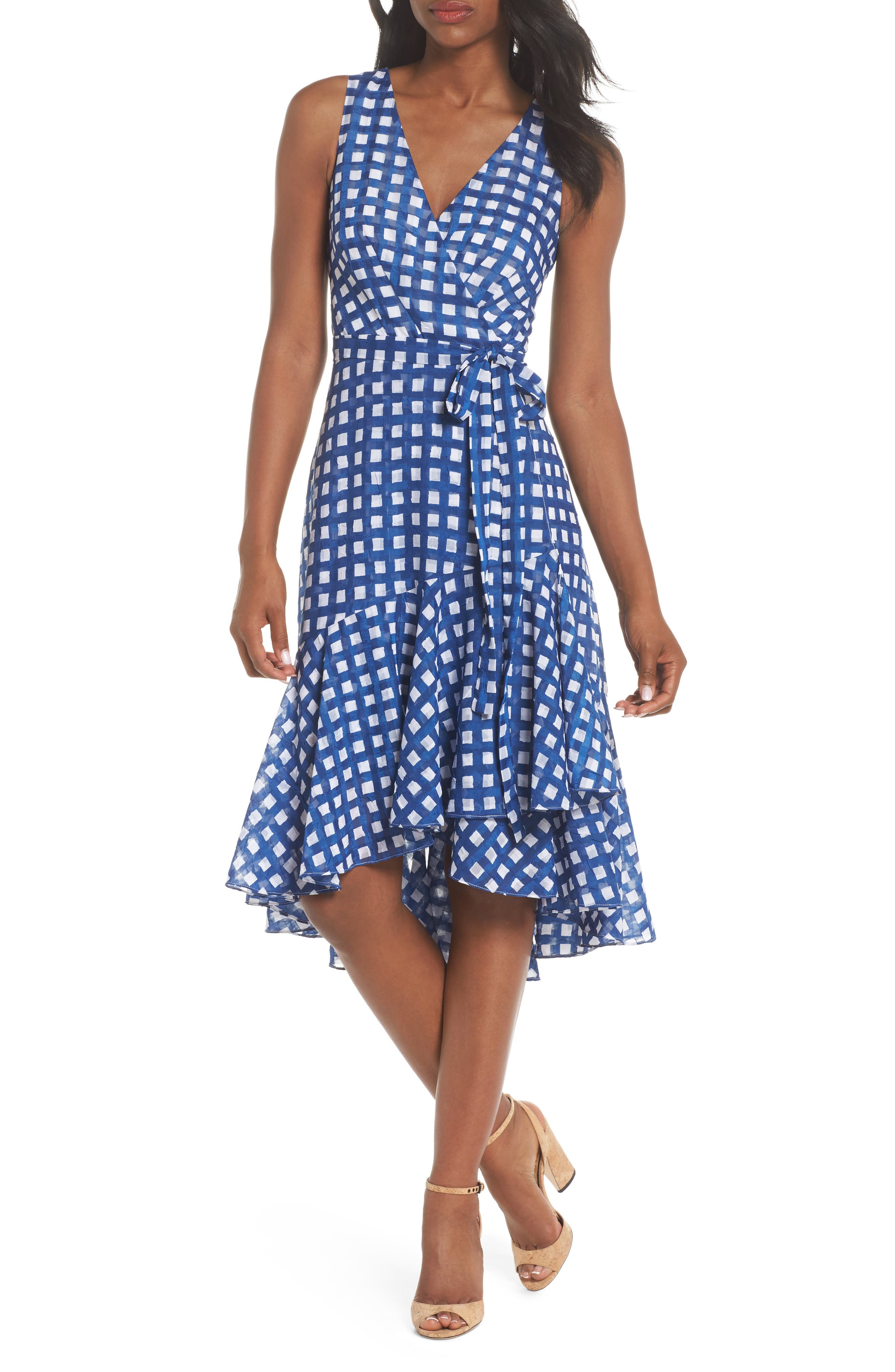Eliza J Ruffle Hem High/low Faux Wrap Dress, Blue