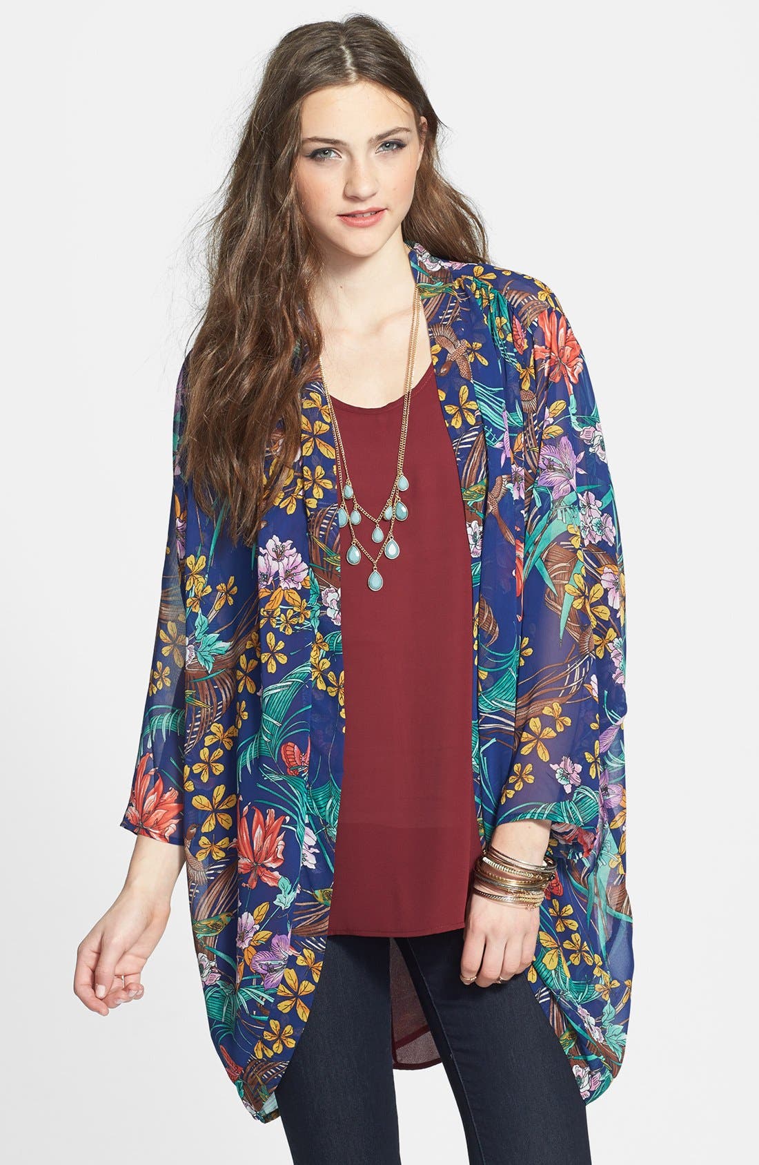 Hot & Delicious Floral Chiffon Kimono Jacket (Juniors) Nordstrom