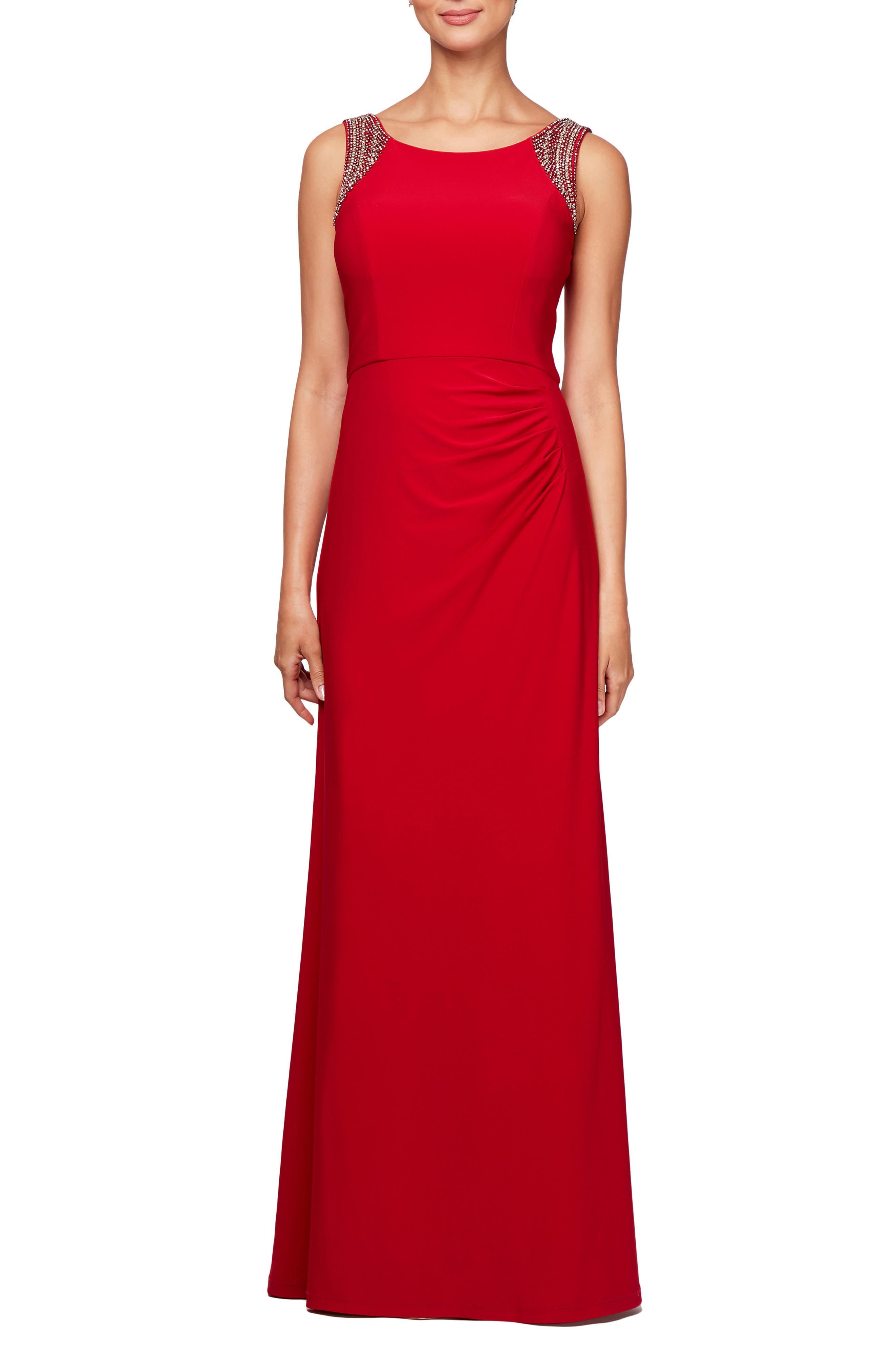 Petite Alex Evenings Side Ruched Gown, Red