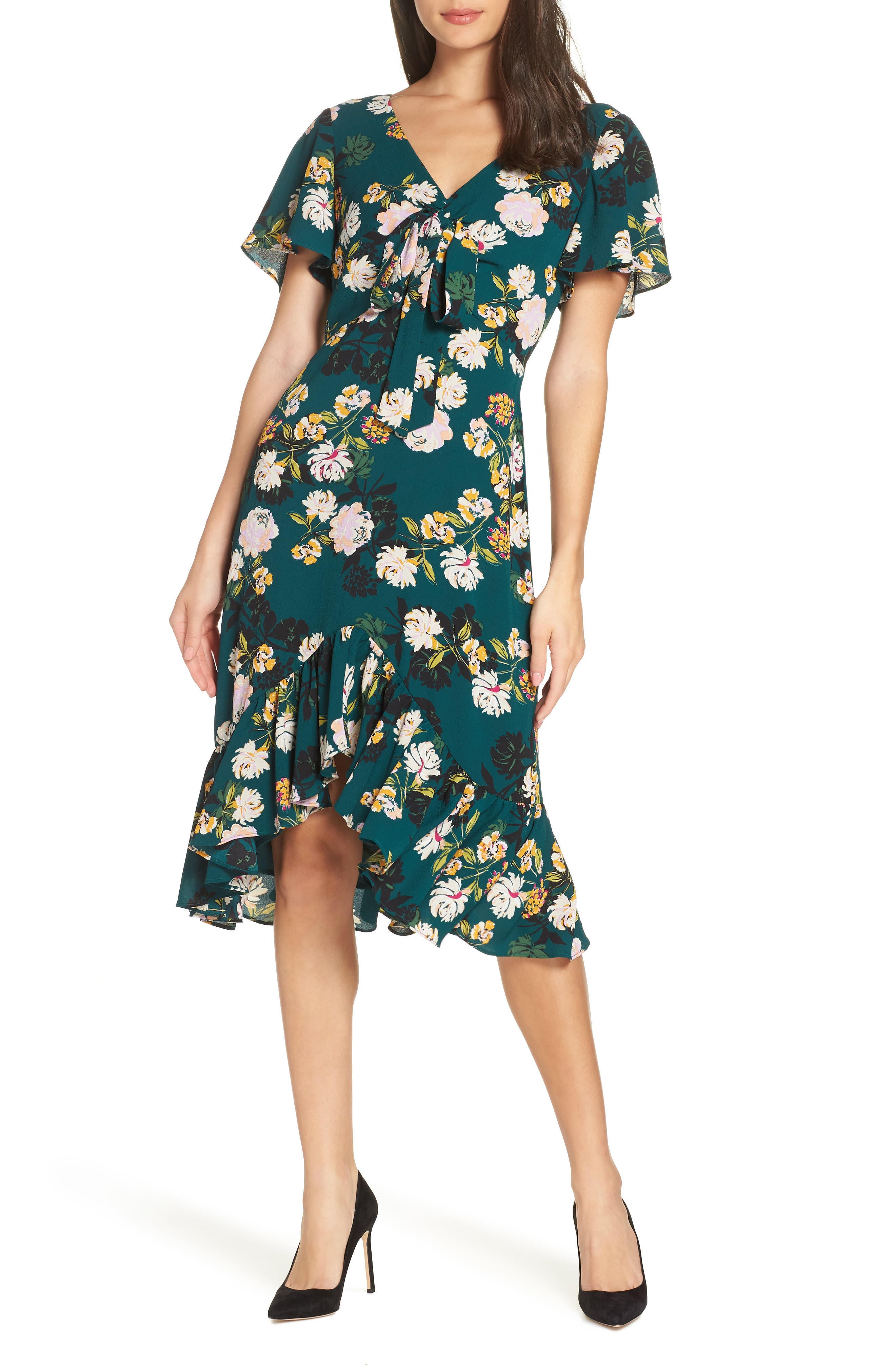 Charles Henry Floral Print Ruffle Hem Dress, Green