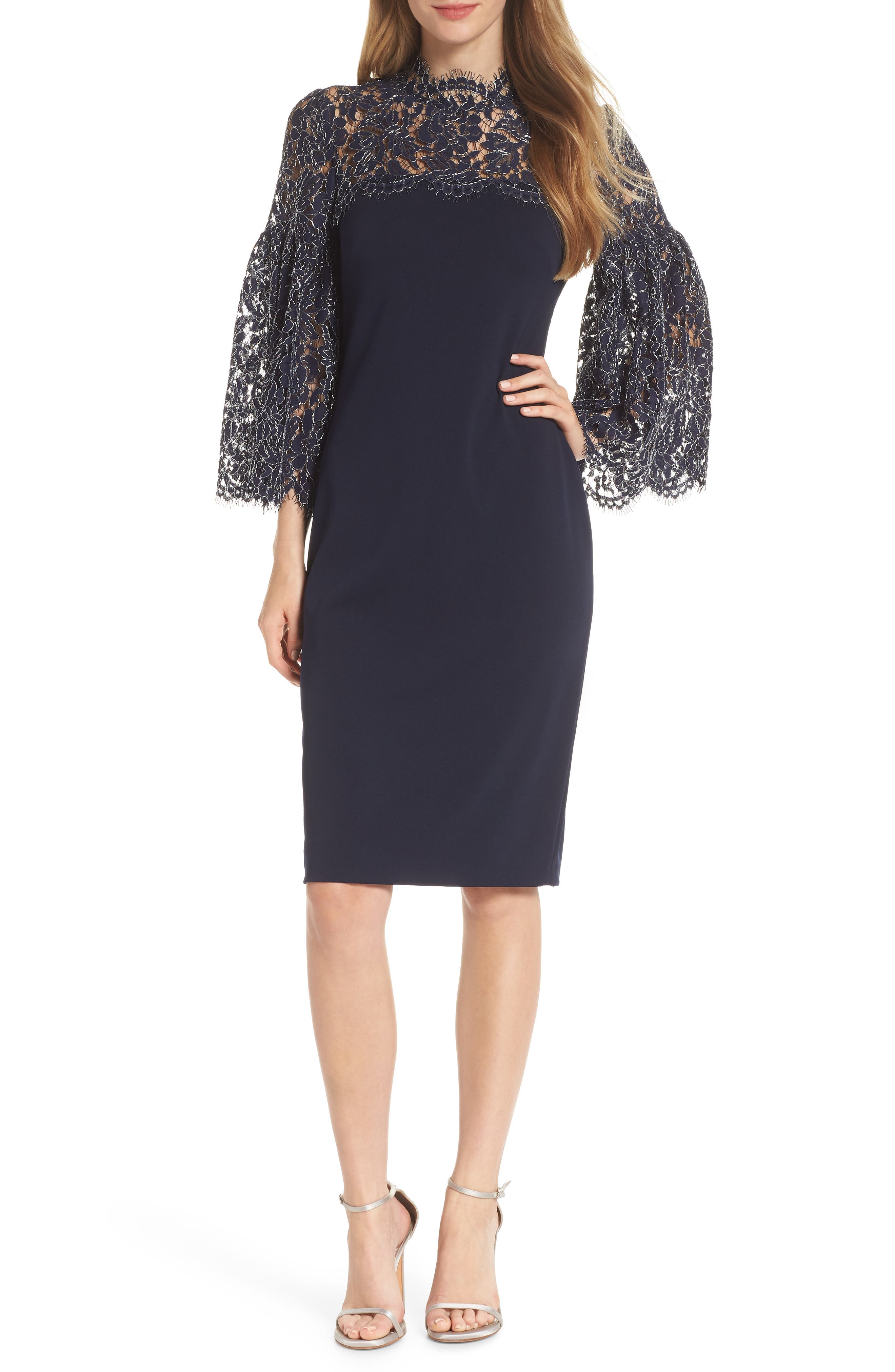 Eliza J Lace Yoke Sheath Dress, Blue