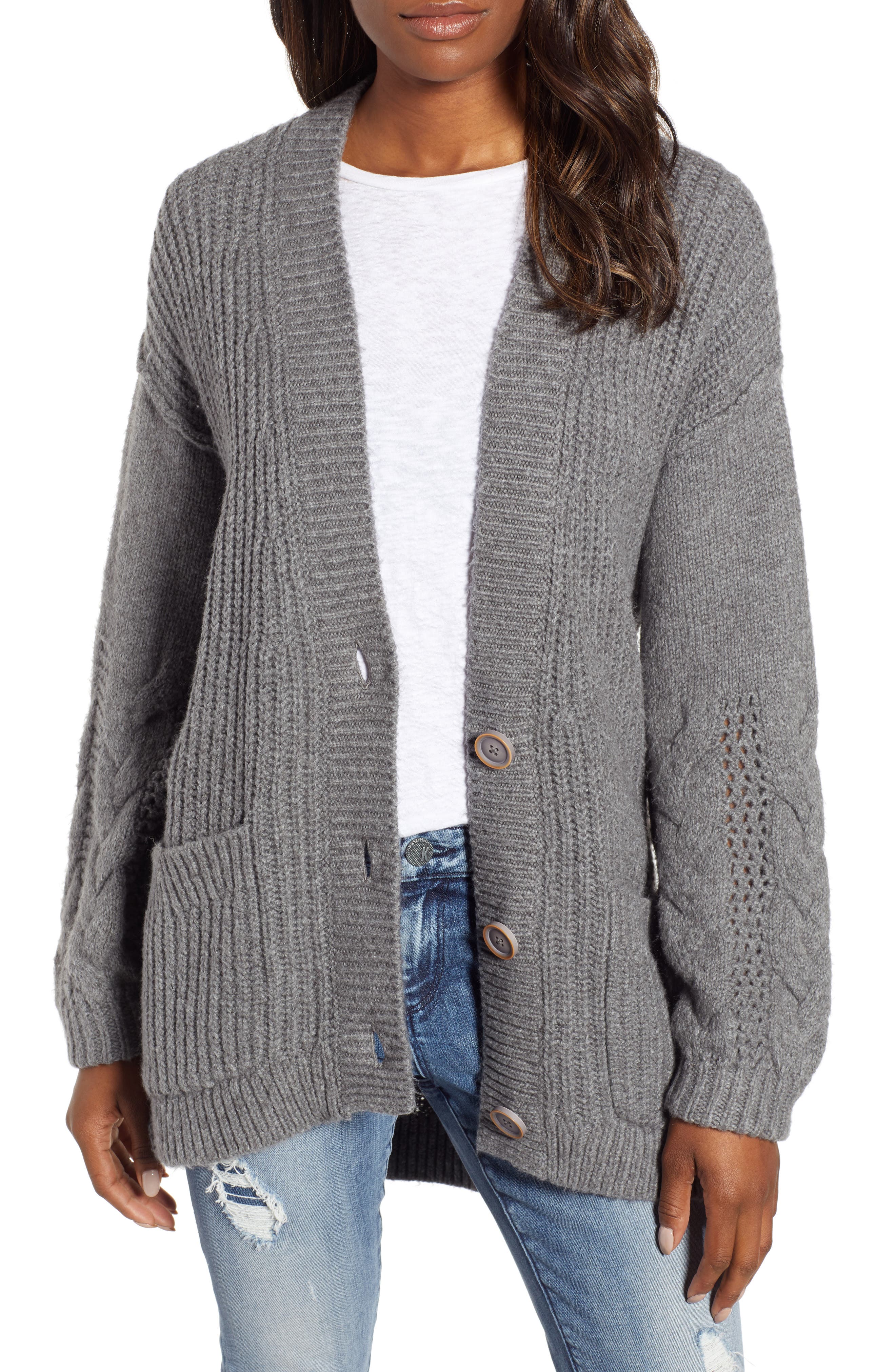 Caslon Cable Knit Sleeve Cardigan, Grey