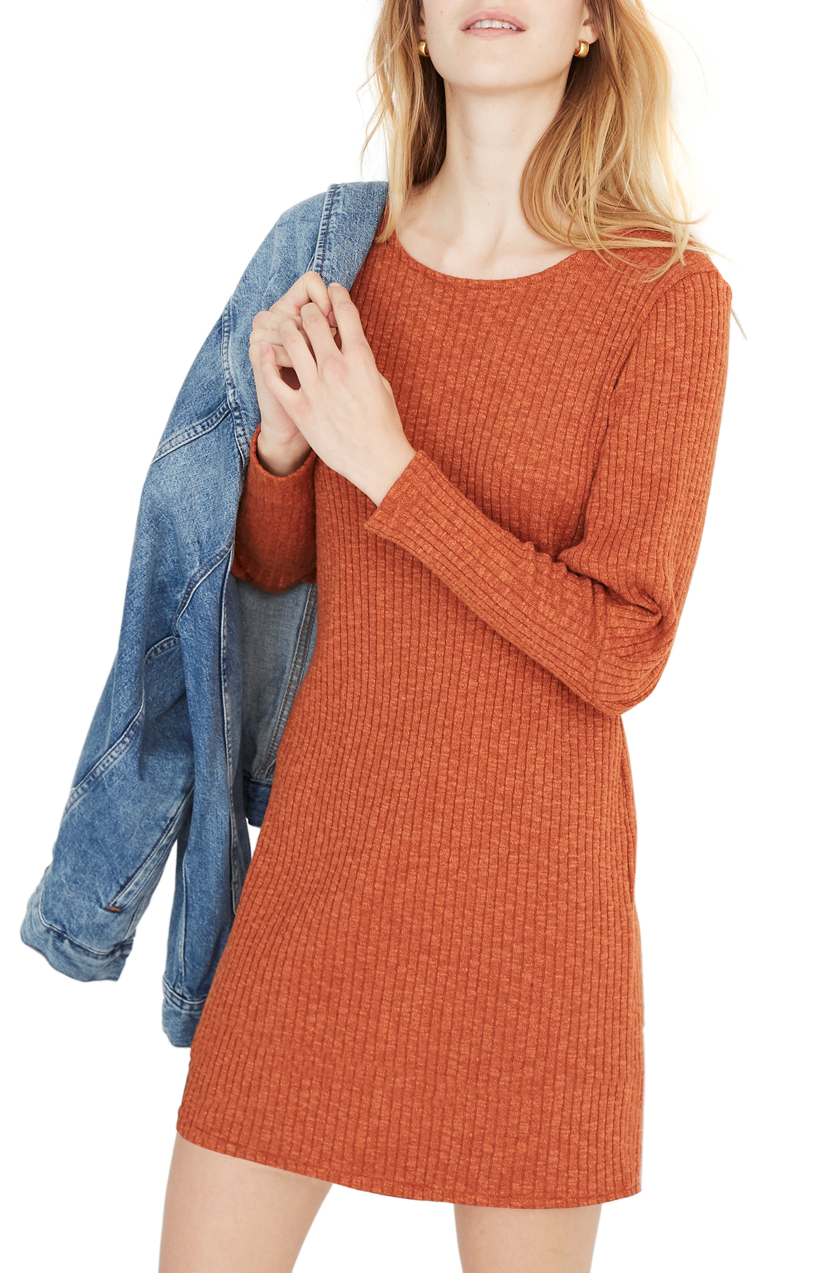 Madewell Ribbed Bubble Sleeve Dress, Orange
