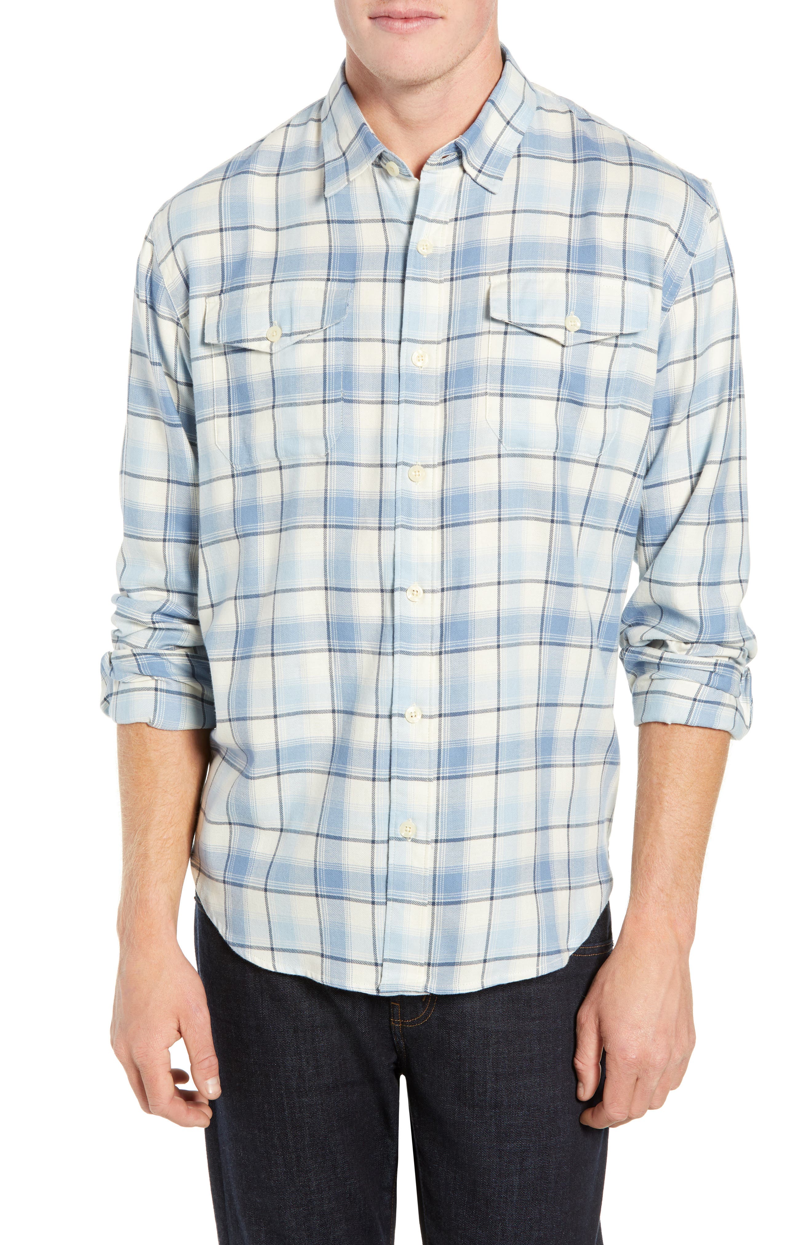 Coastaoro Honeydew Plaid Garment Washed Flannel Shirt, Blue