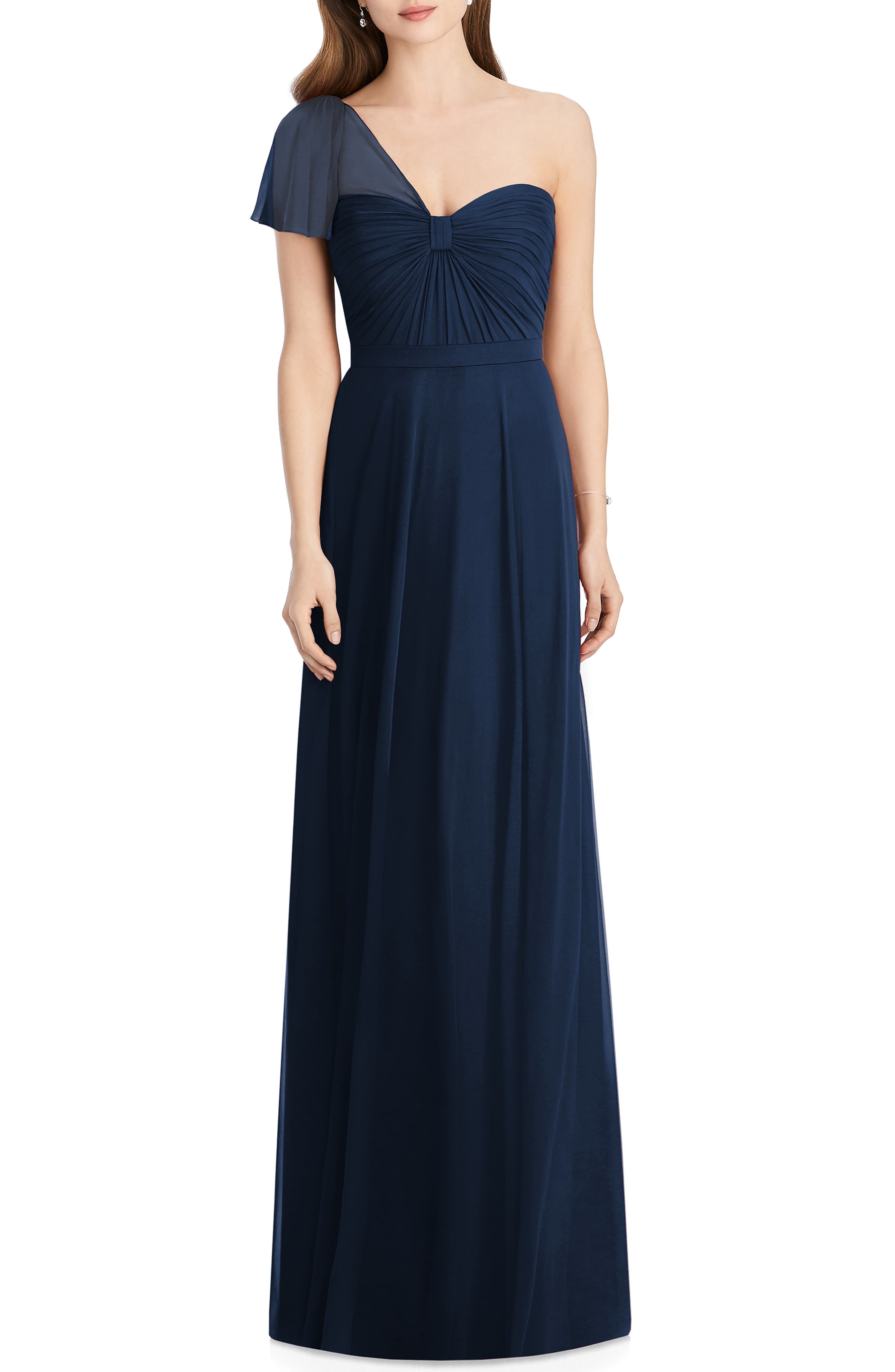 Jenny Packham Pleat One Shoulder Gown, Blue