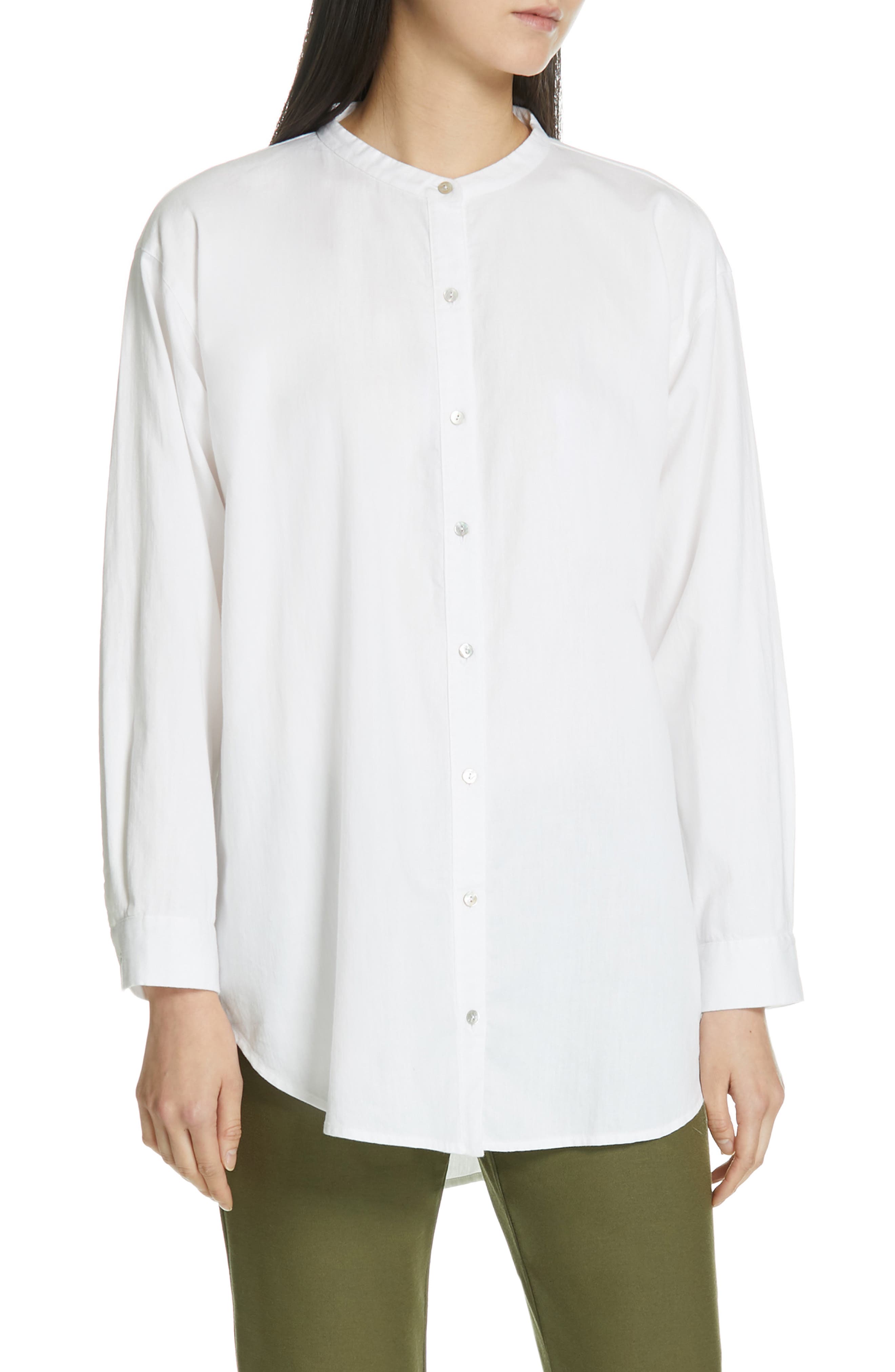 Eileen Fisher Mandarin Collar Organic Cotton Tunic Shirt, Ivory