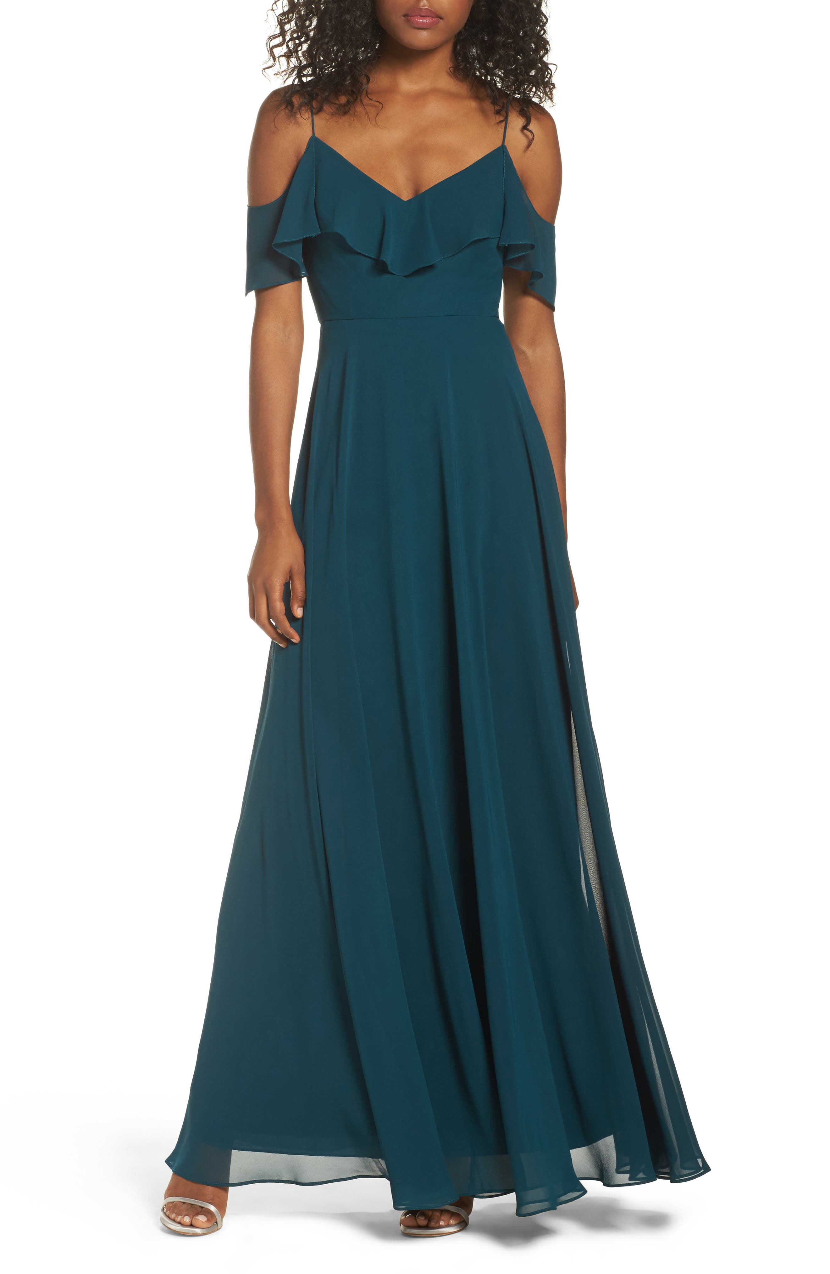 Jenny Yoo Cold Shoulder Chiffon Gown, Blue/green