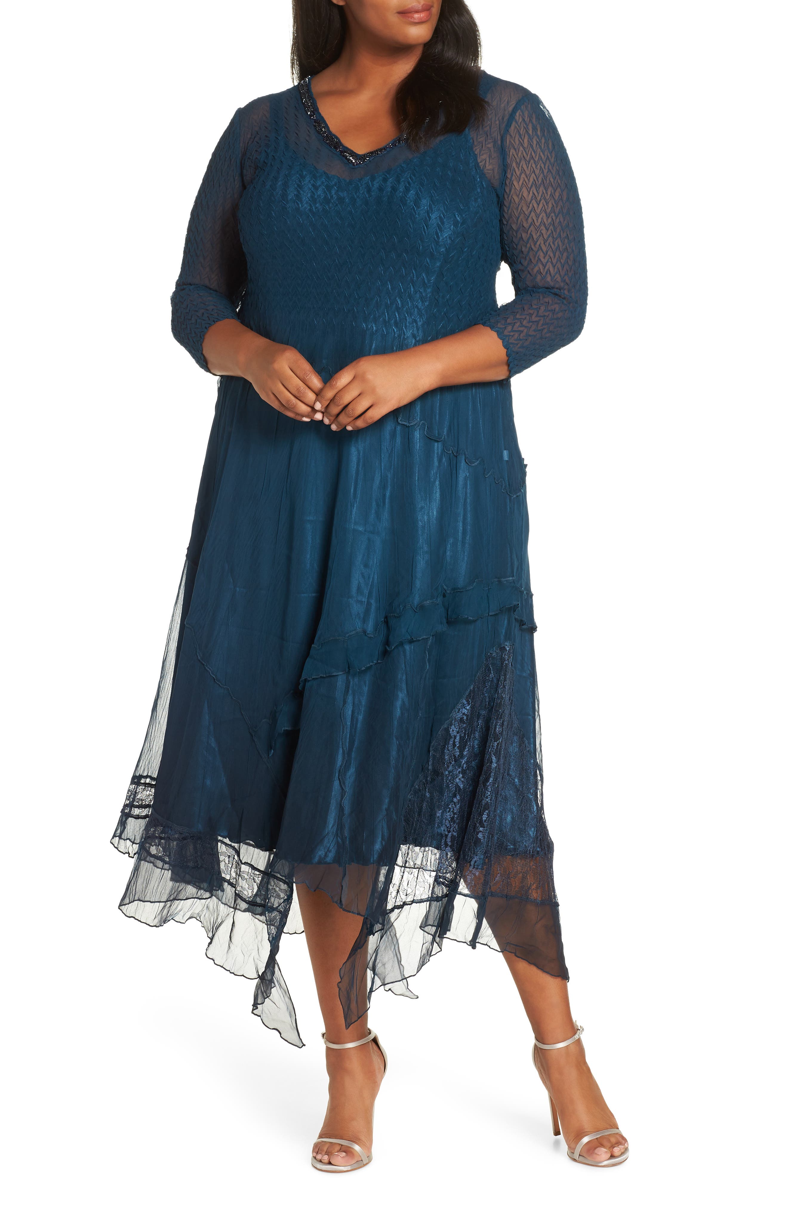 Plus Size Komarov Beaded Handkerchief Hem Dress, Blue