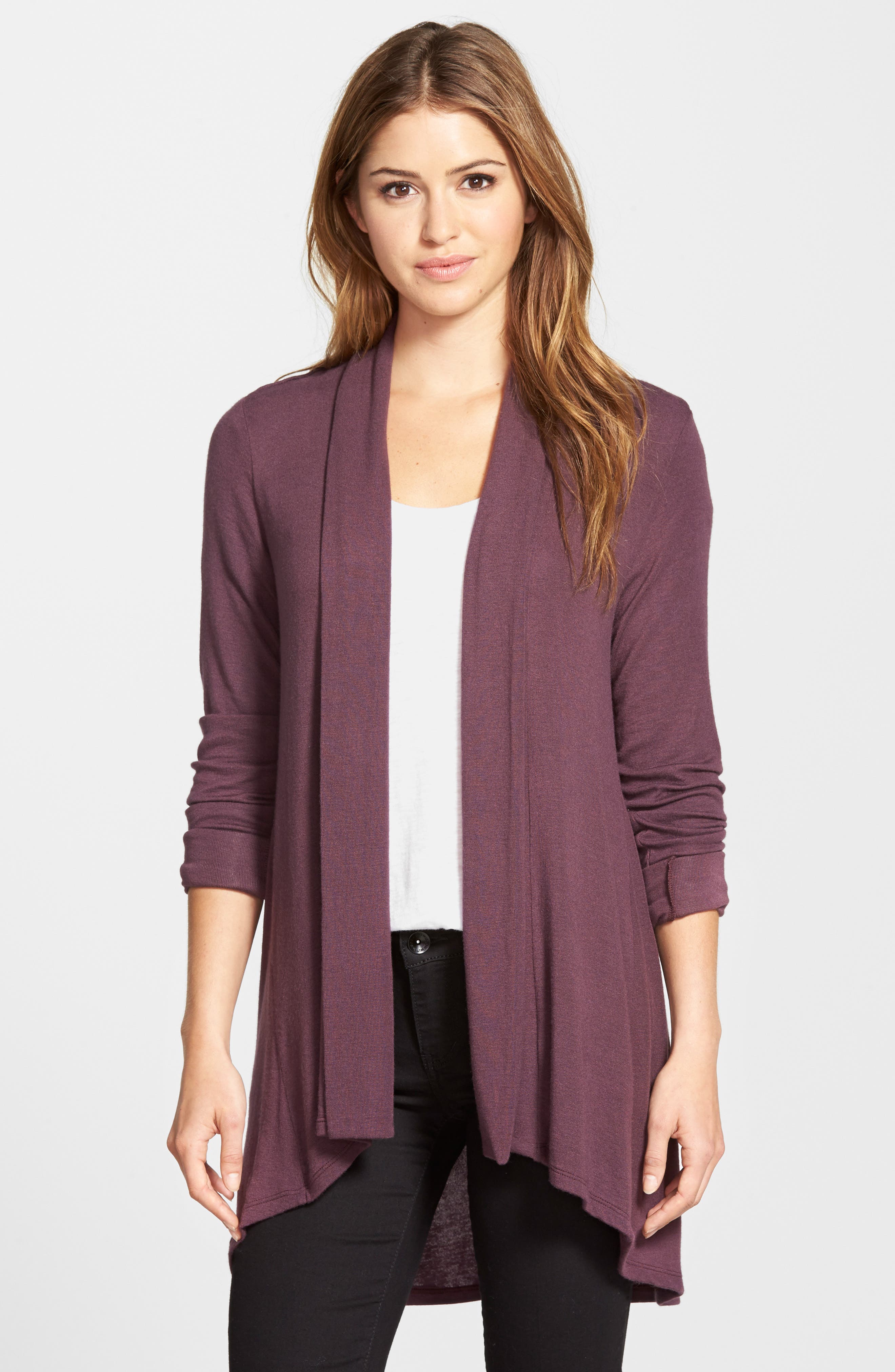 Bobeau High/low Jersey Cardigan, Burgundy