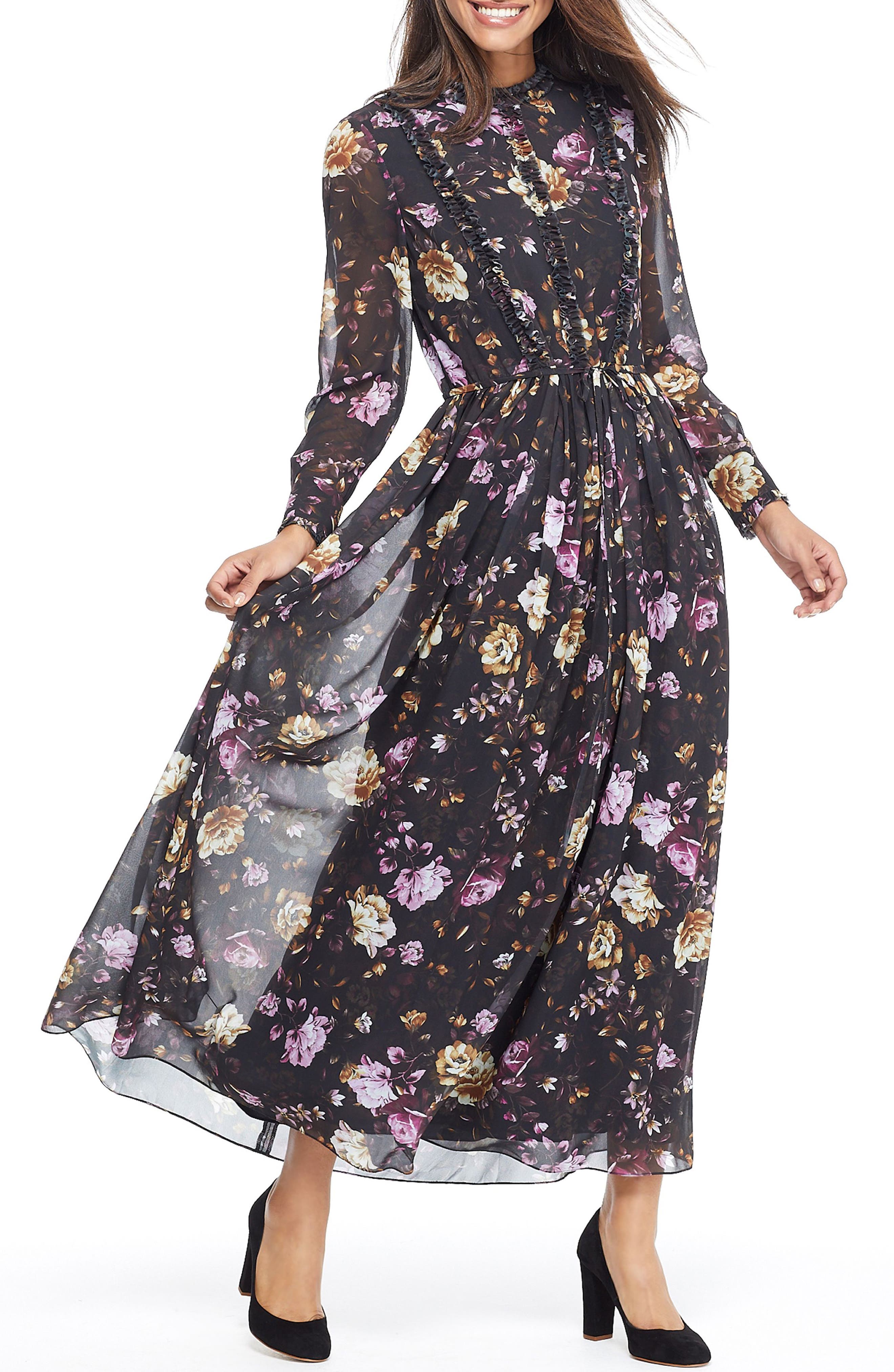 Gal Meets Glam Collection Makela Floral Chiffon Maxi Dress, Brown