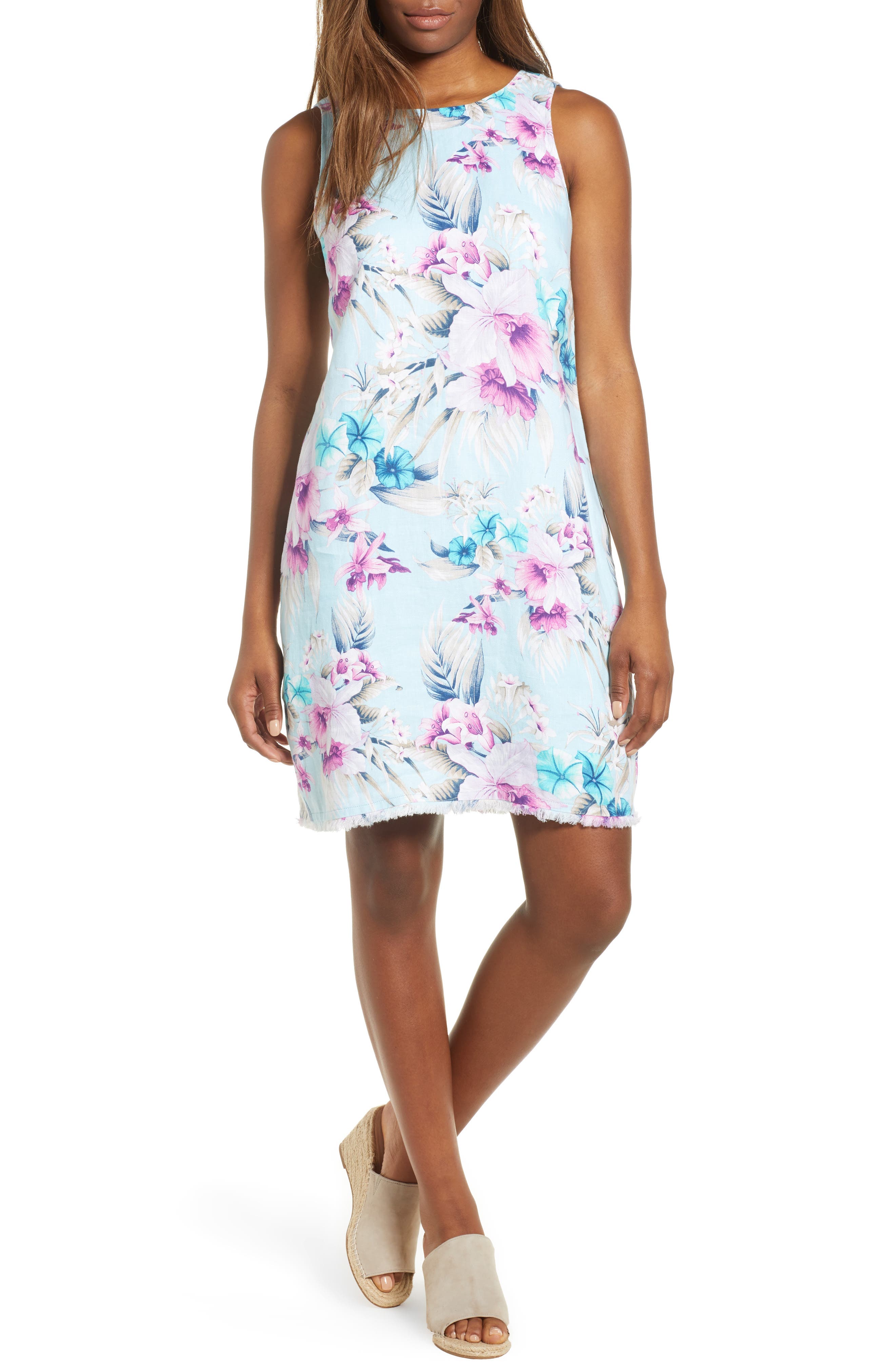 Tommy Bahama Print Frayed Trim Shift Dress, Blue