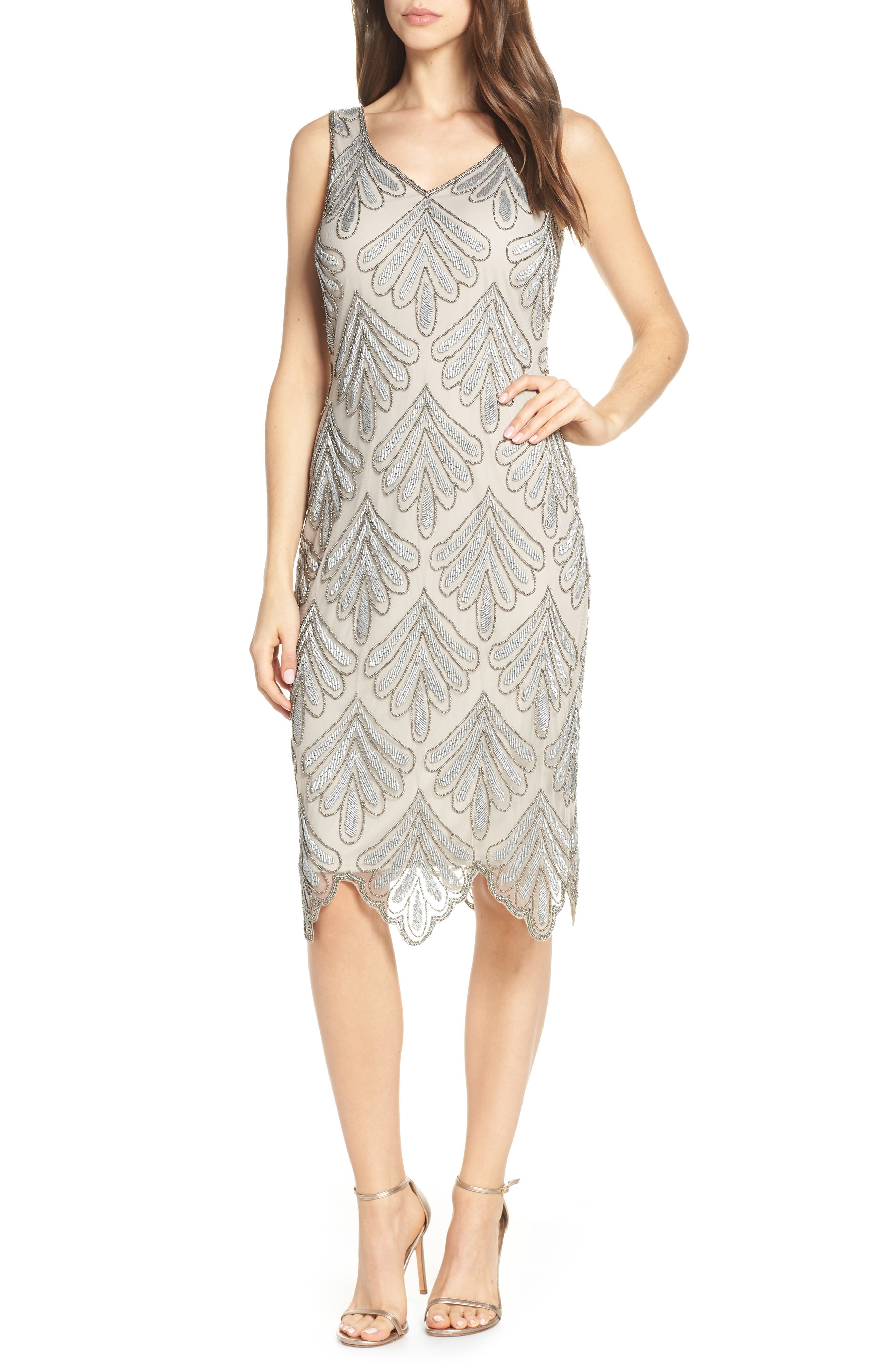 Pisarro Nights Beaded Fan Sheath Dress, Metallic