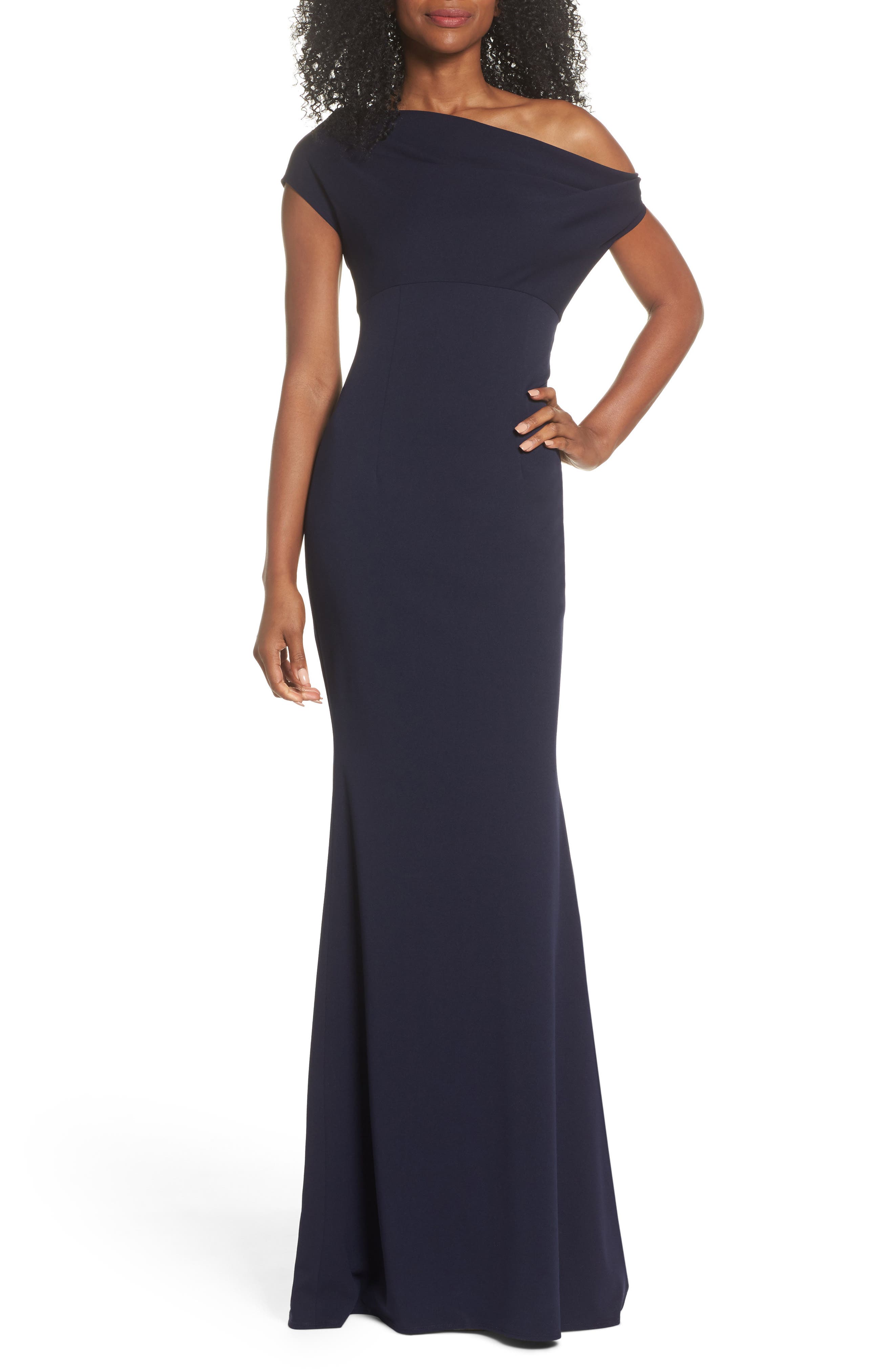 Katie May Hannah One-Shoulder Crepe Trumpet Gown, Blue