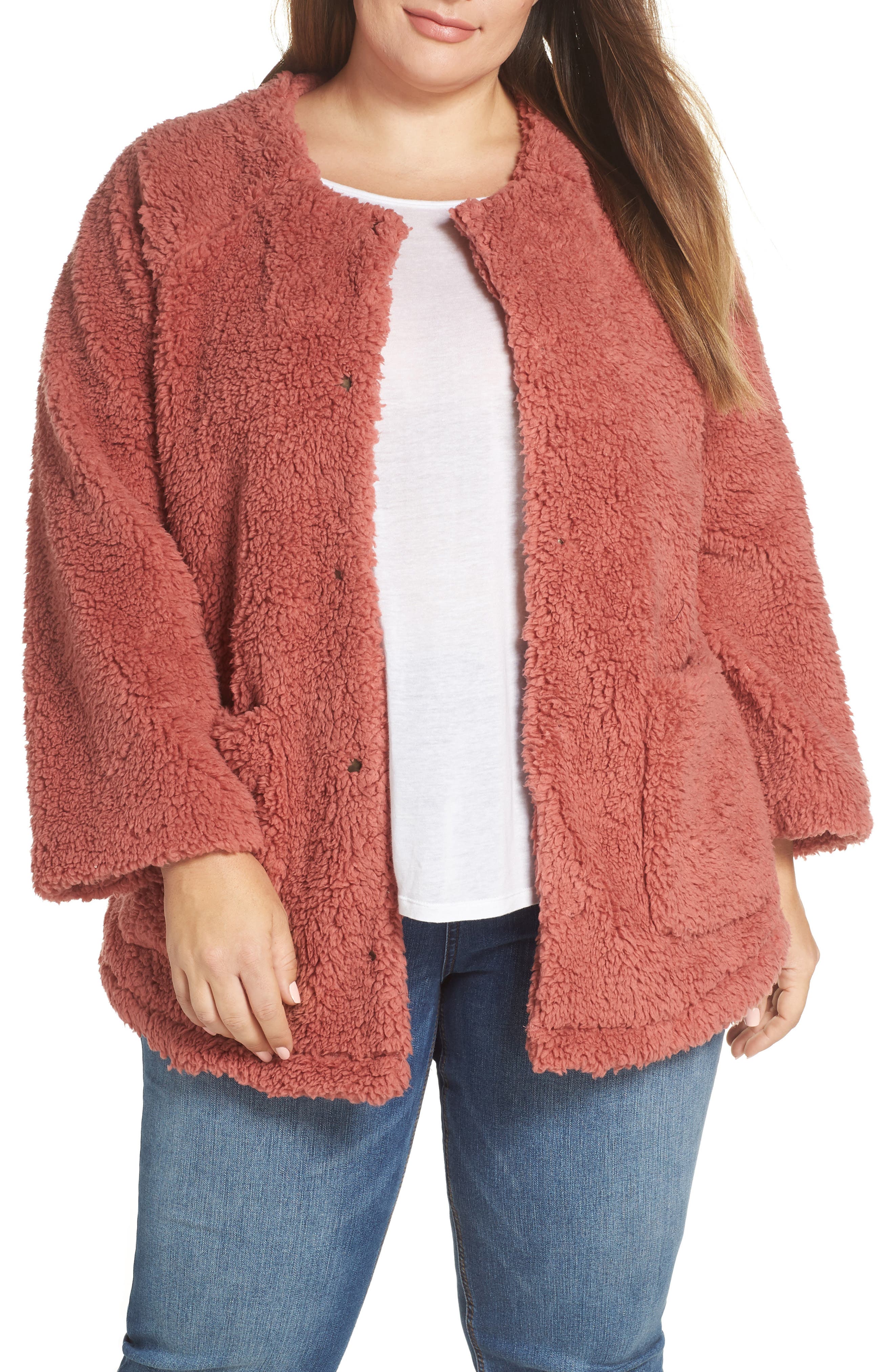 Plus Size Caslon Fuzzy Fleece Jacket, Pink