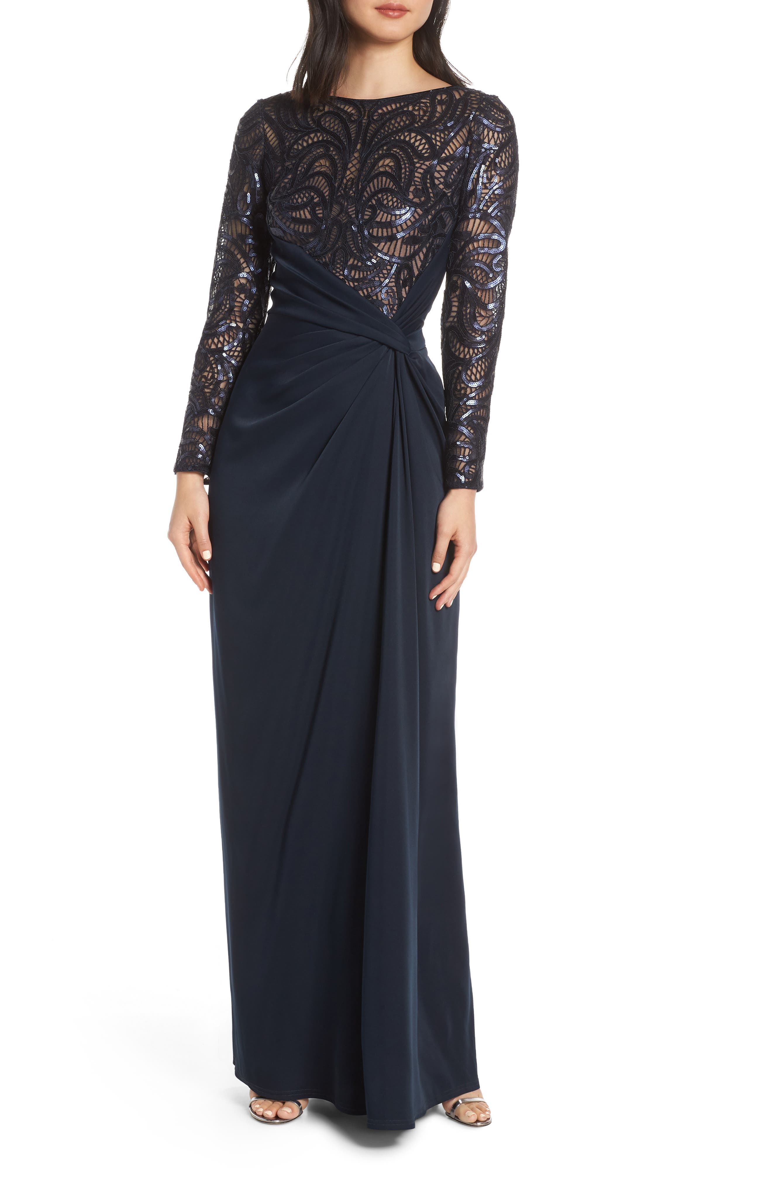 Tadashi Shoji Sequin Lace & Jersey Evening Dress, Blue