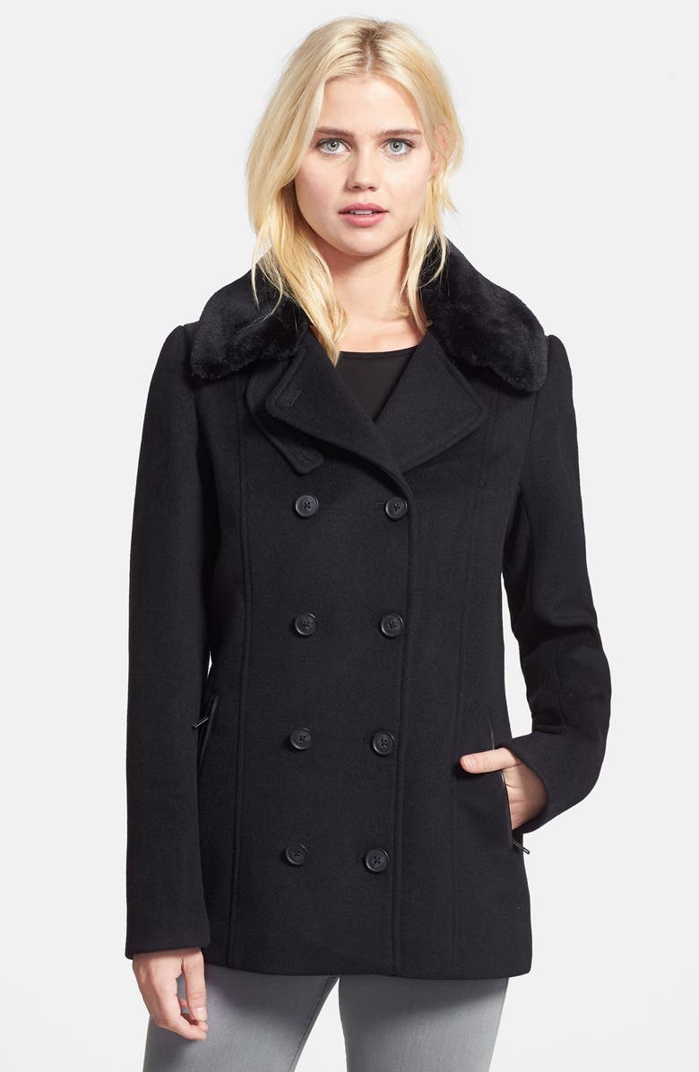 Soia & Kyo Double Breasted Wool Blend Peacoat with Faux Fur Collar ...