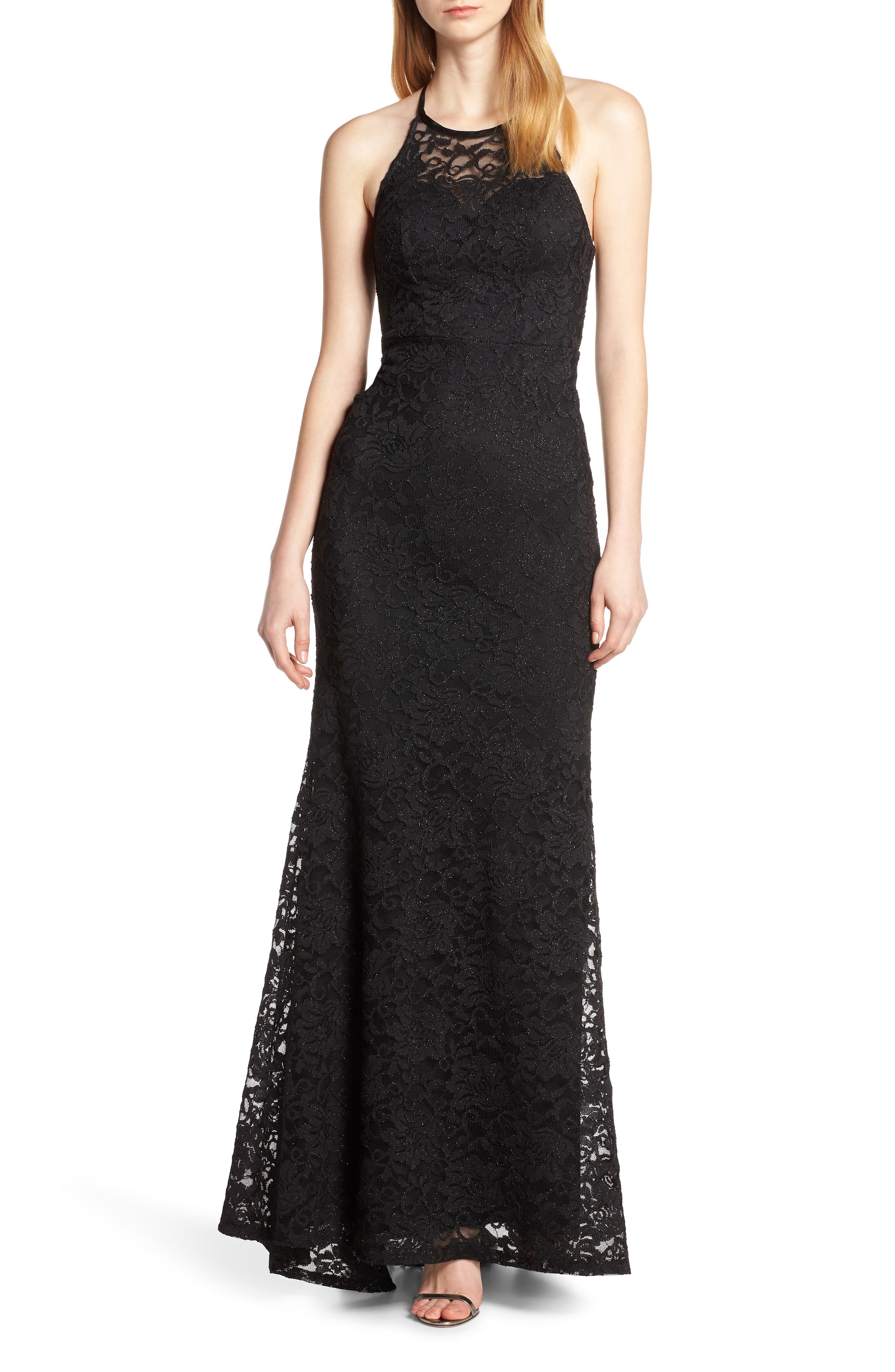 Sequin Hearts Halter Neck Glitter Lace Evening Dress, Black