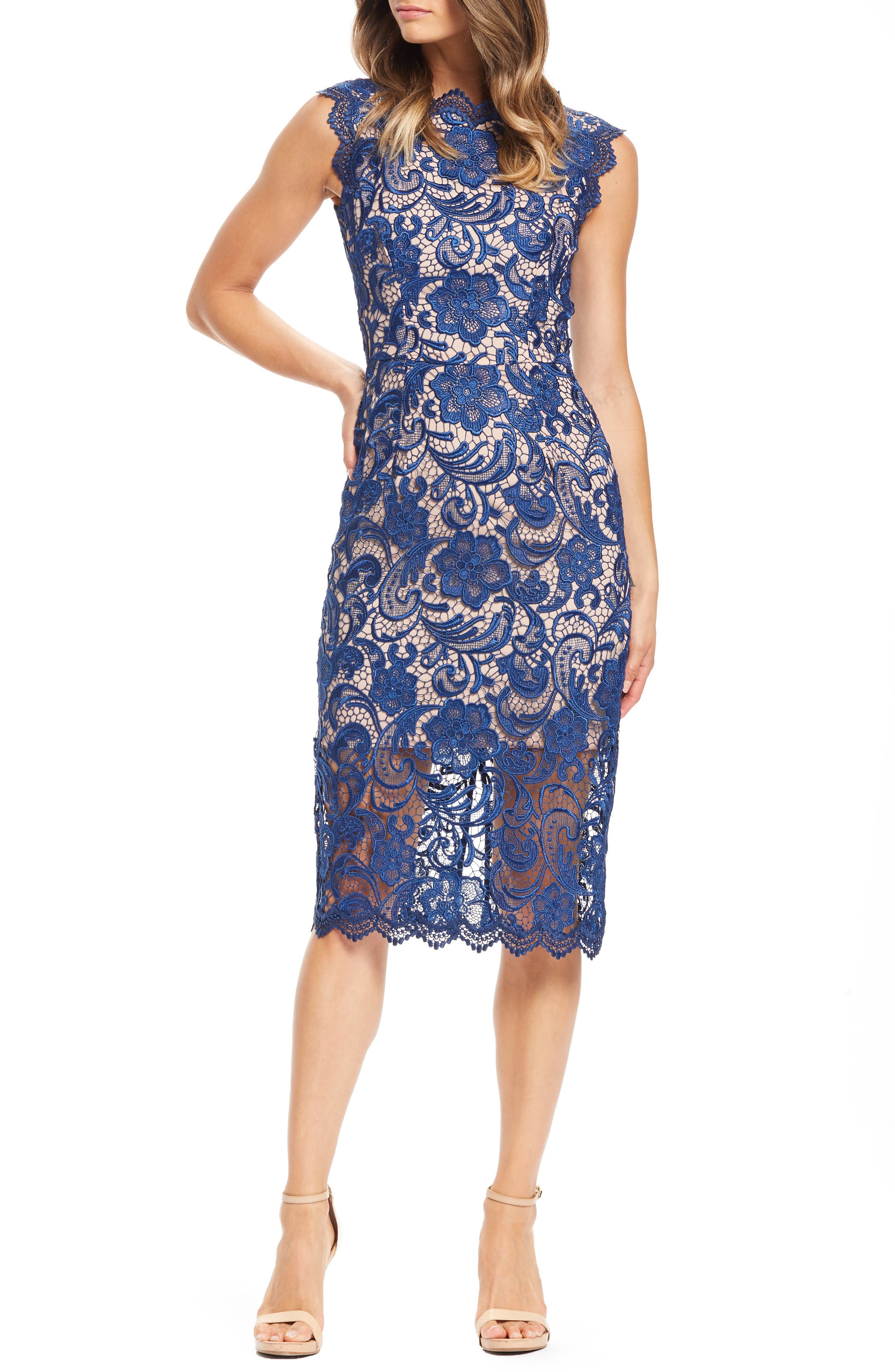 Dress The Population Claudette Crochet Lace Sheath Dress, Blue