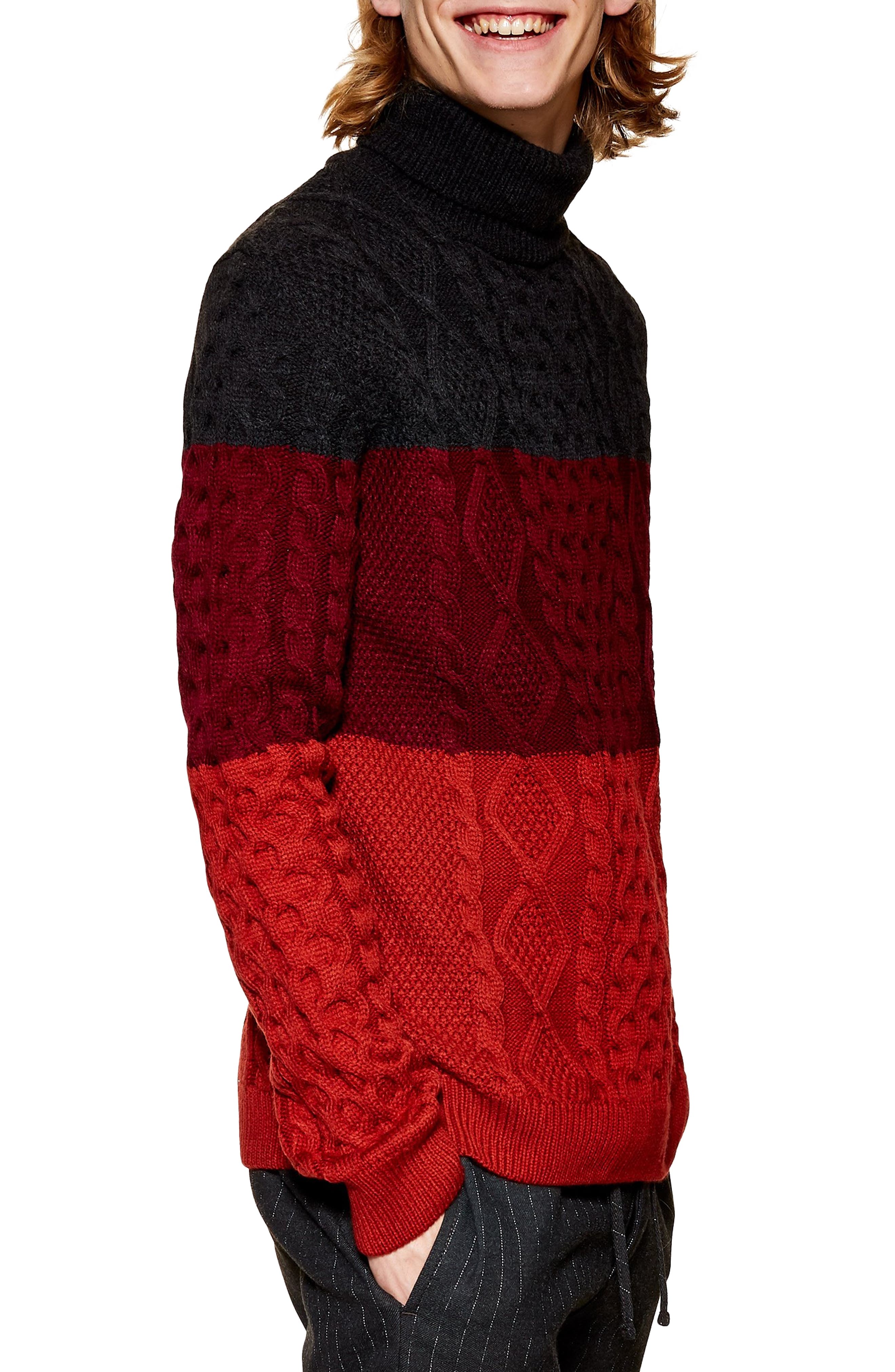 Topman Colorblock Cable Knit Turtleneck Sweater