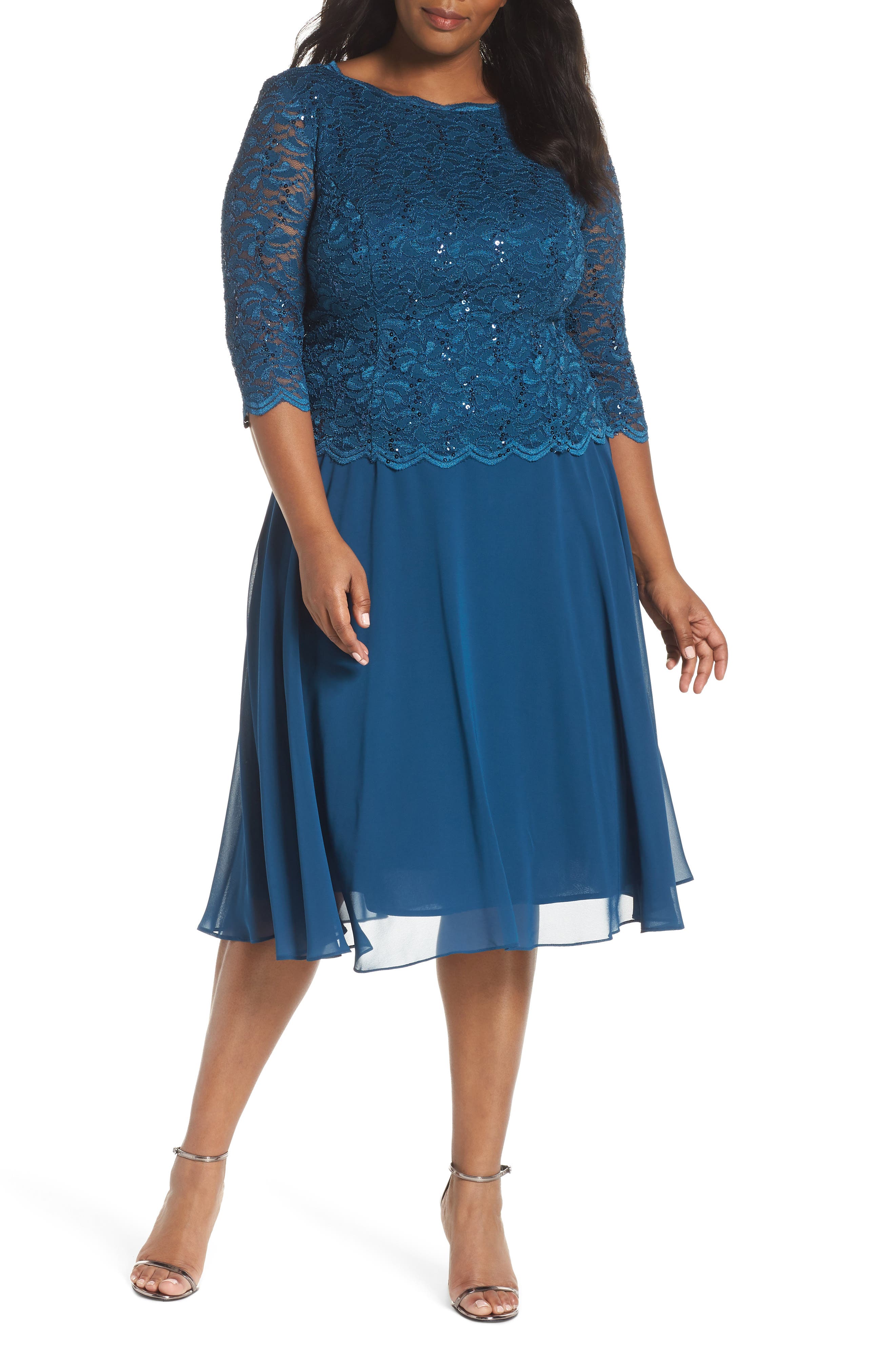 Plus Size Alex Evenings Mock Two-Piece Tea Length Dress, Blue/green