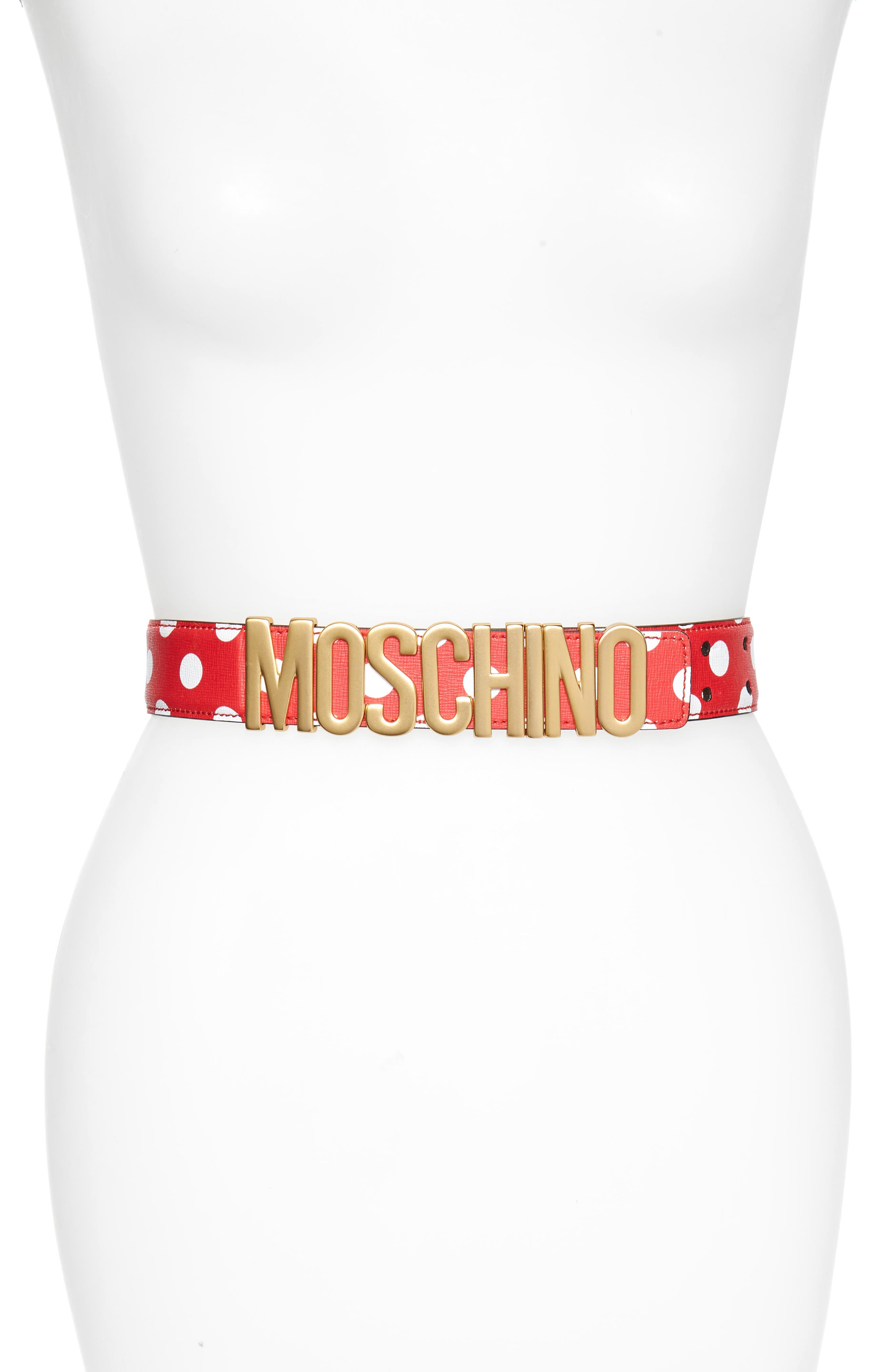 Moschino Logo Plate Polka Dot Saffiano Leather Belt, Red/ Gold